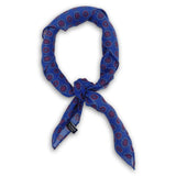 The Bellevue blue and red patterened bandana knotted into a loop on a white background.