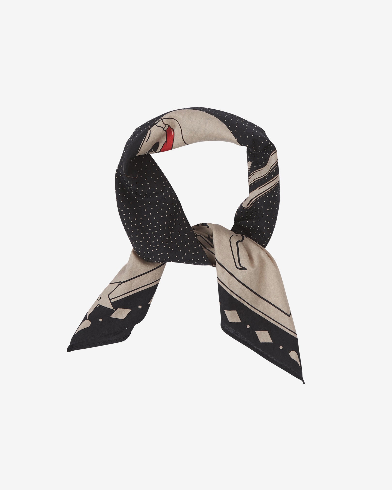 The Integrity cotton bandana in black, cream and red. Knotted and looped against a neutral background.