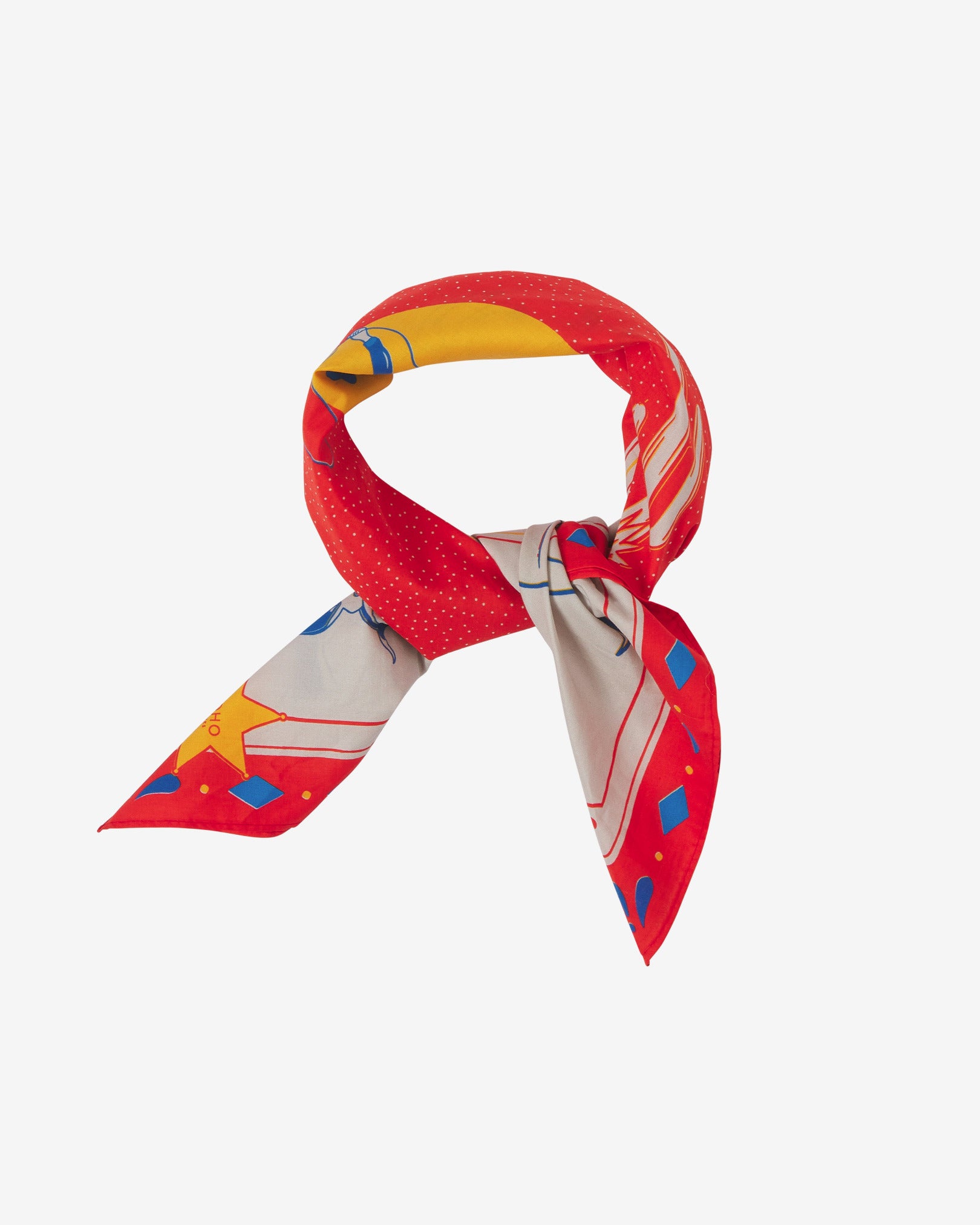 The Integrity cotton bandana in vibrant tones of red, blue and yellow. Knotted and looped against a neutral background.