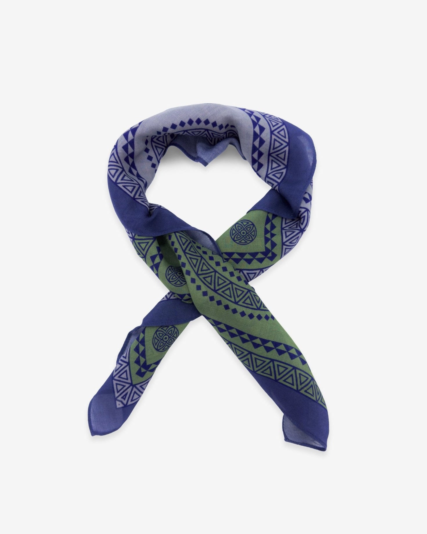 The Lublin purple bandana featuring a blue, green and violet pattern by John Greene. Knotted into a loop against a white background.
