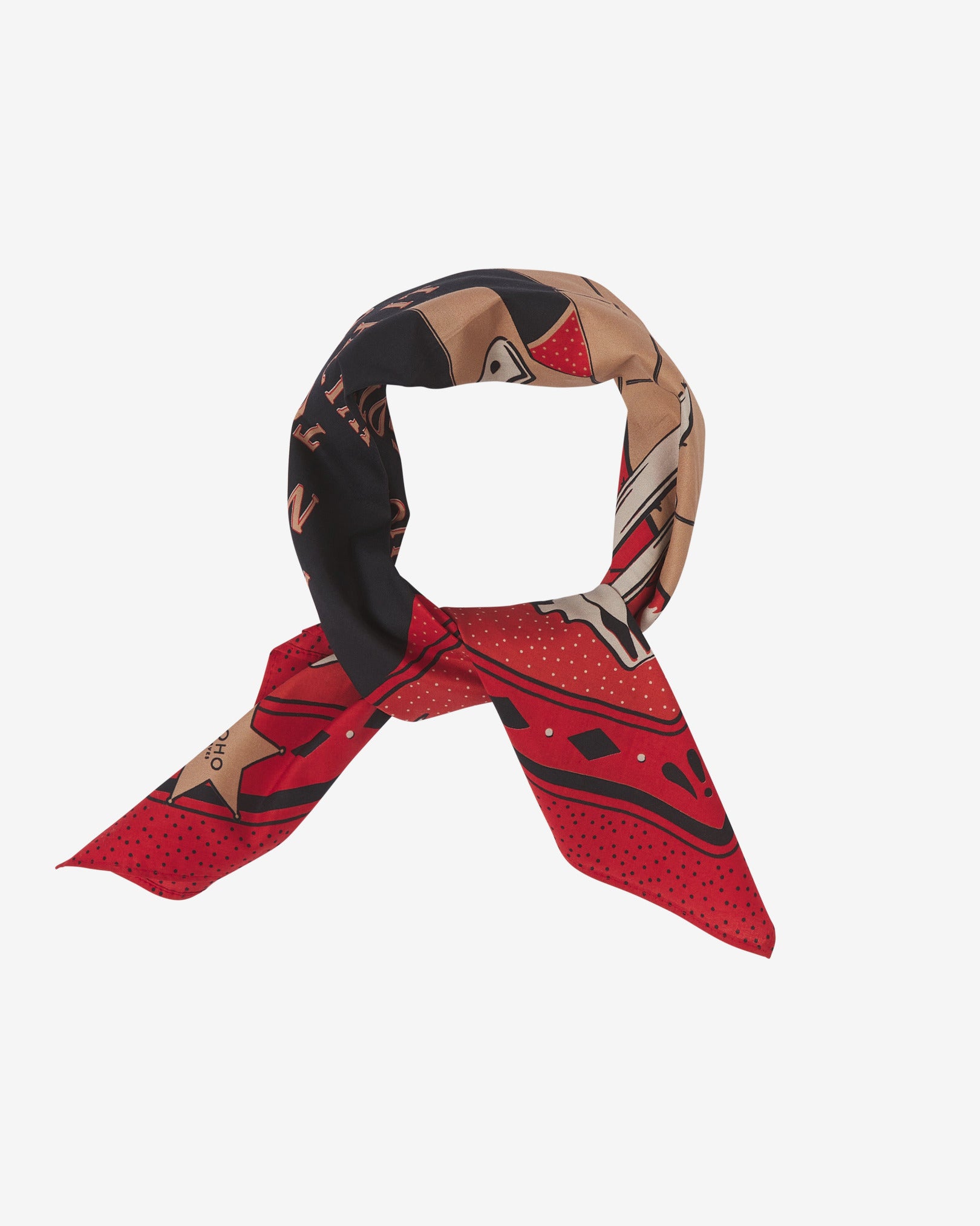 The Luck cotton bandana in muted tones of crimson, fawn and black. Knotted and looped against a neutral background.