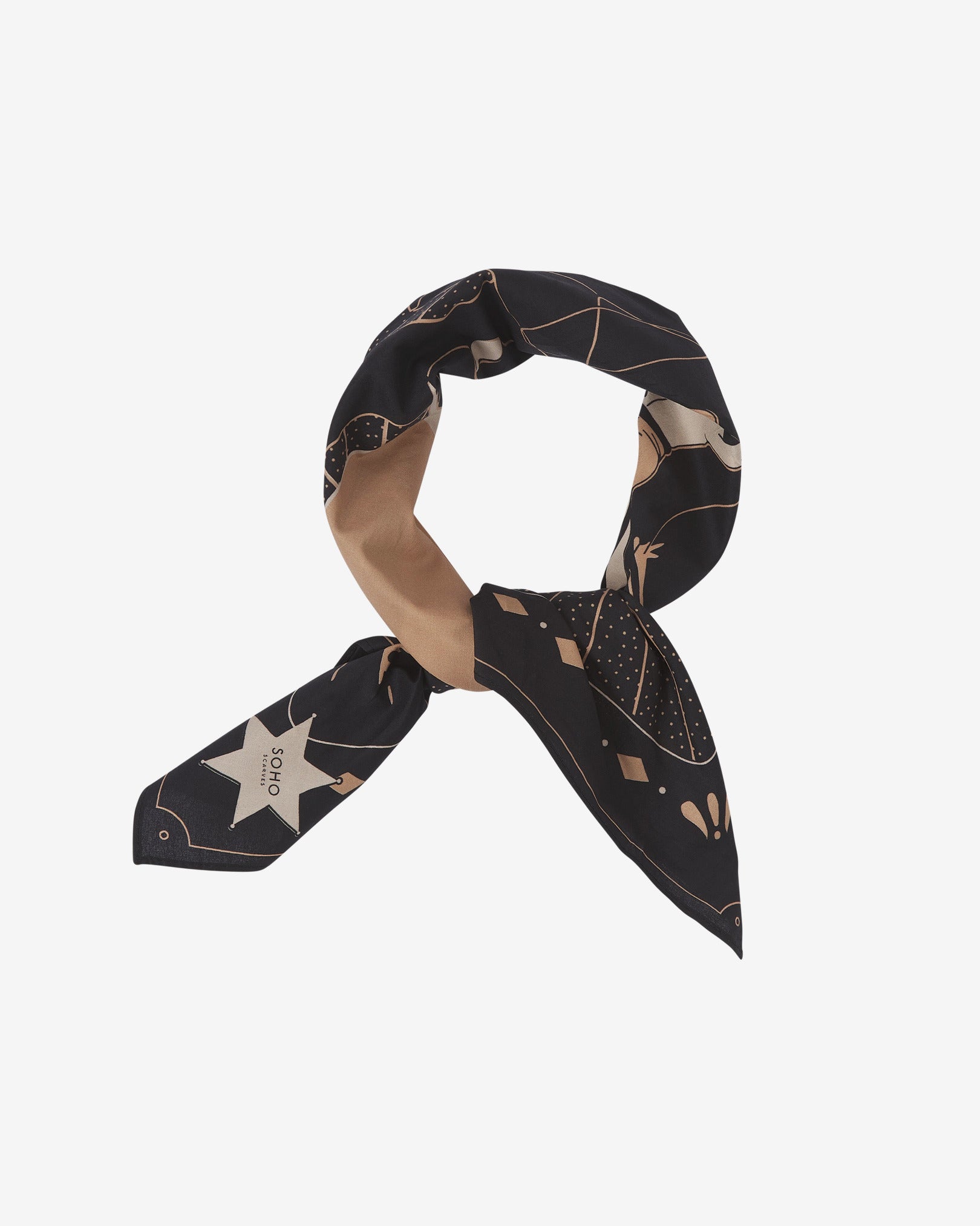 The Respect cotton bandana in muted tones of black, fawn and cream. Knotted and looped against a neutral background.