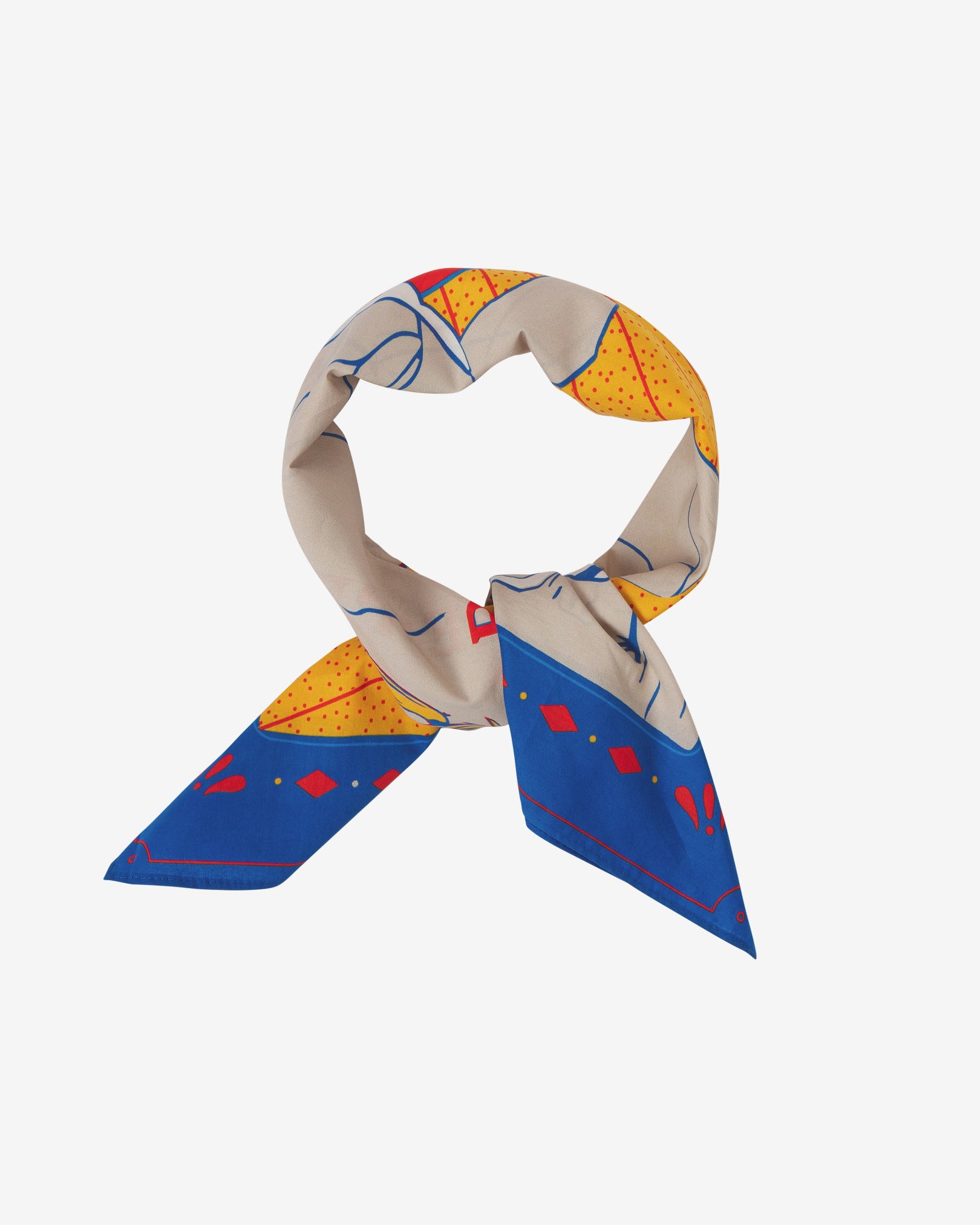 The Respect cotton bandana in vibrant tones of red, blue and yellow. Knotted and looped against a neutral background.