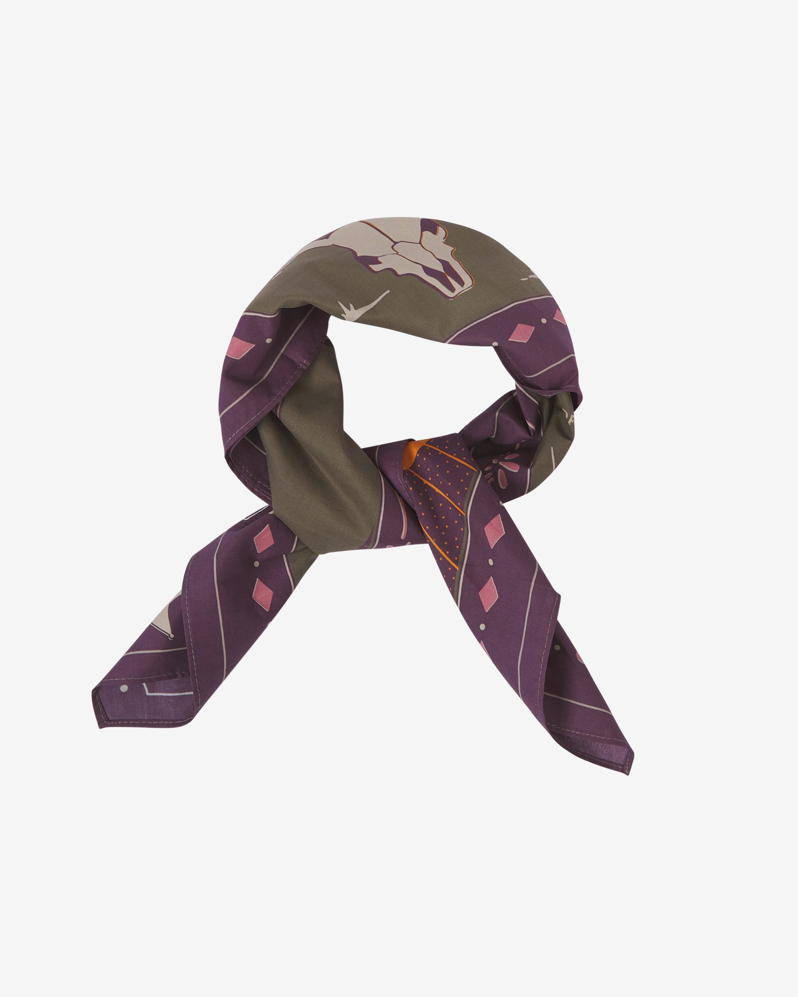 The Respect cotton bandana in muted tones of khaki, cream, burgundy, pink and orange. Knotted and looped against a neutral background.