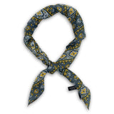 'The Whitehorse' yellow, silver and grey patterned bandana. Knotted into a loop on a white background.