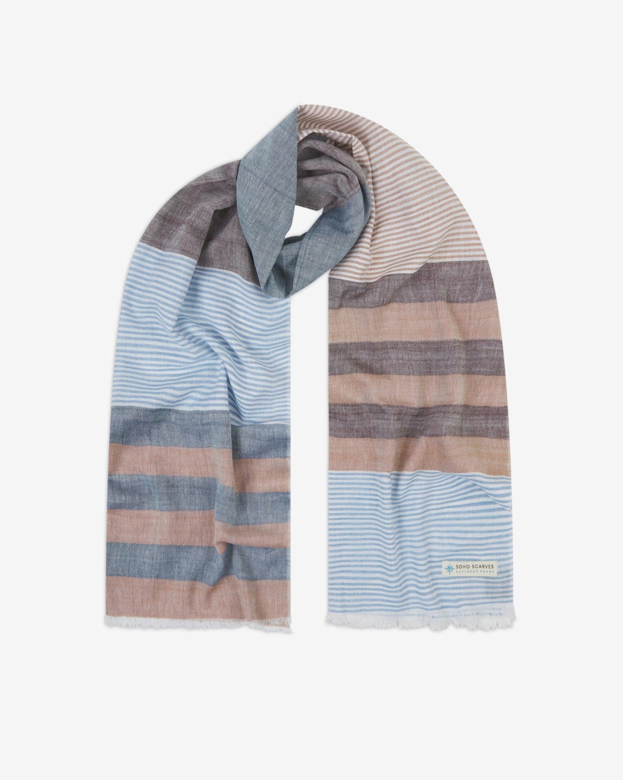 The 'Adams' cotton heathered scarf, looped in middle with both ends parallel. Displaying the patchwork pattern of browns, blues and white and the SOHO Scarves Explorer Range branding logo in the bottom-right.