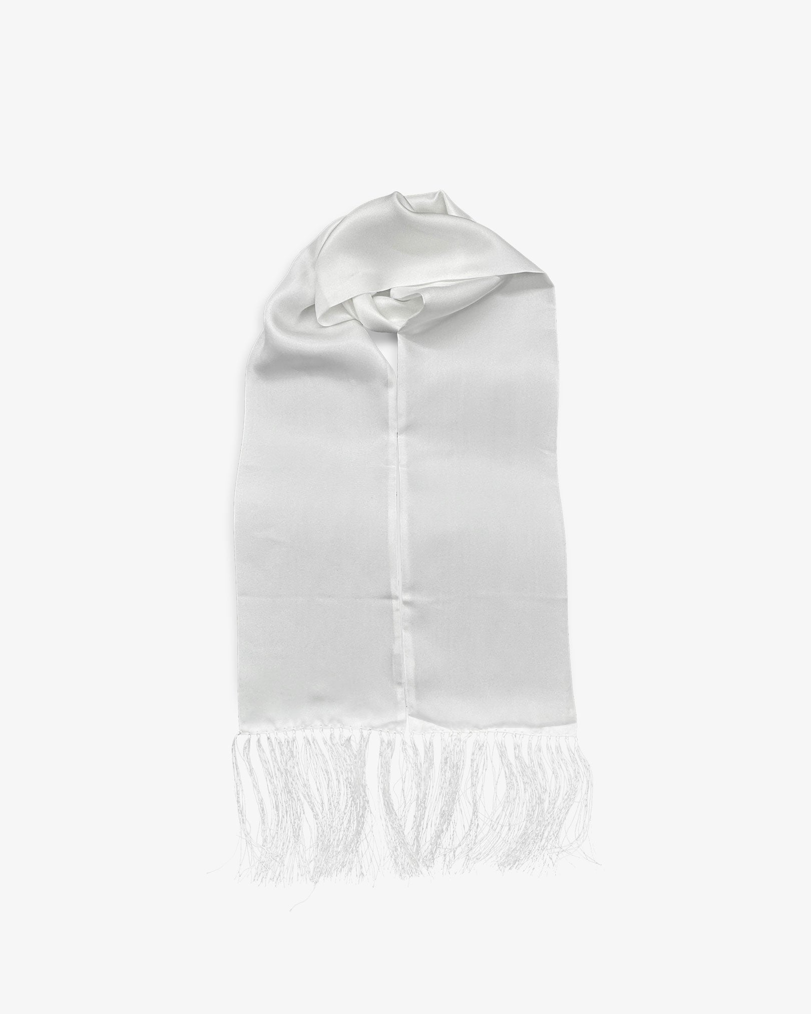 Looped view of the 'Air White' silk aviator scarf, clearly showing the white scarf and matching 3-inch fringe.