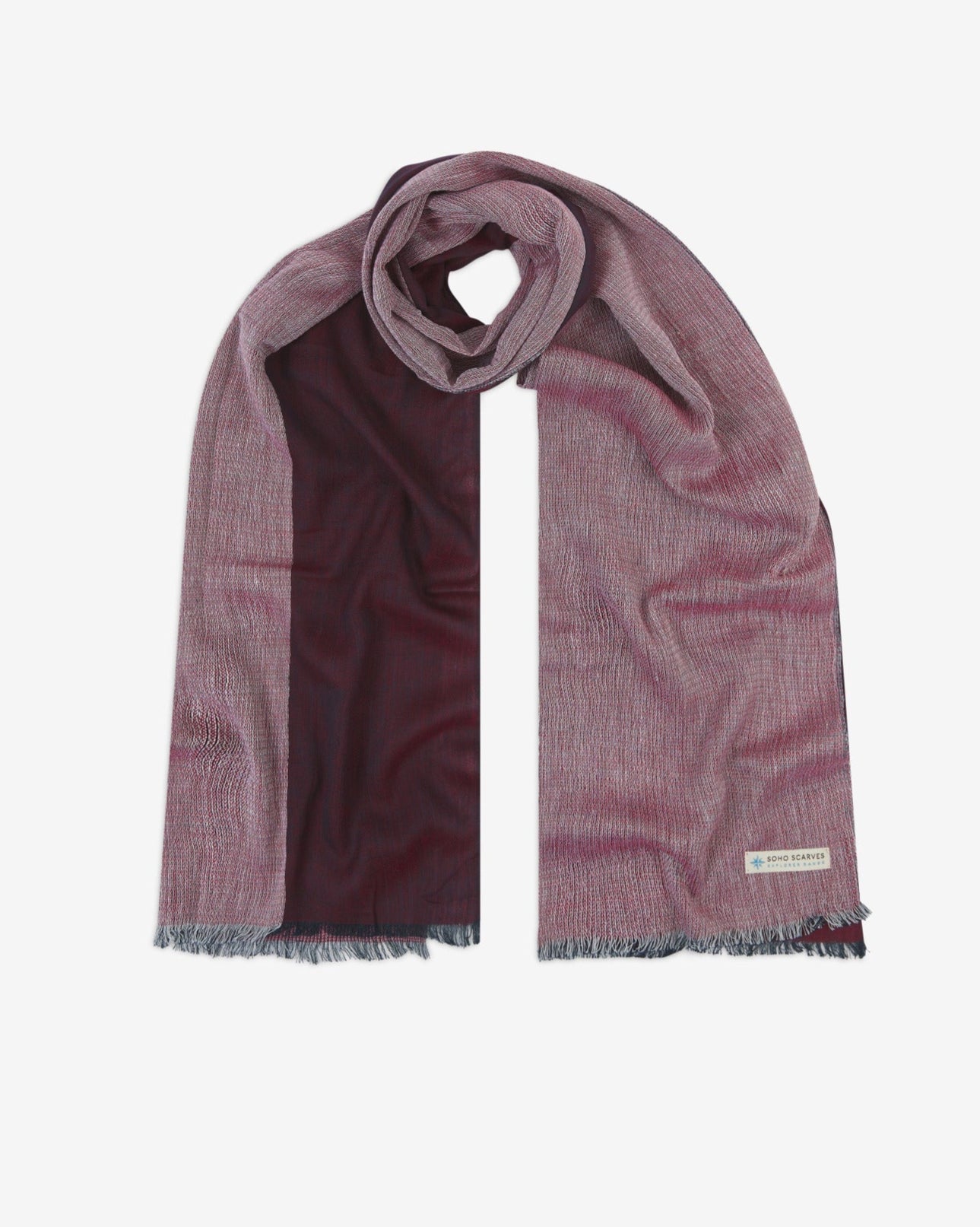 The 'Brown' cotton heathered scarf, looped in middle with both ends parallel. Displaying the two-tone red marled fabric and the SOHO Scarves Explorer Range branding logo in the bottom-right.