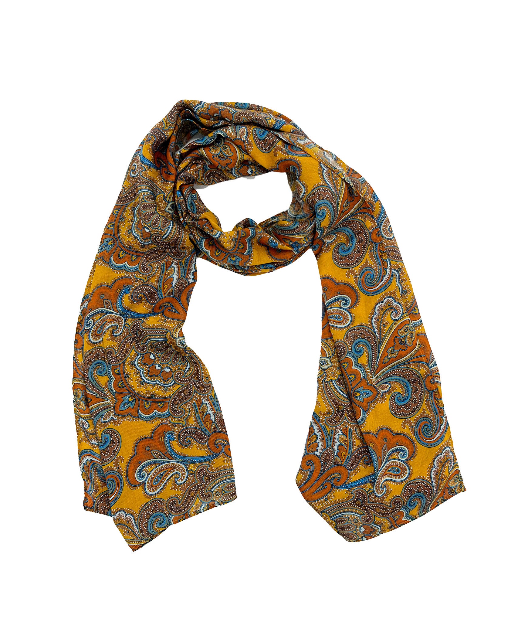 The Carnaby wide scarf unravelled and looped in the middle, demonstrating the considerable length and showing the paisley patterns on a golden ground.