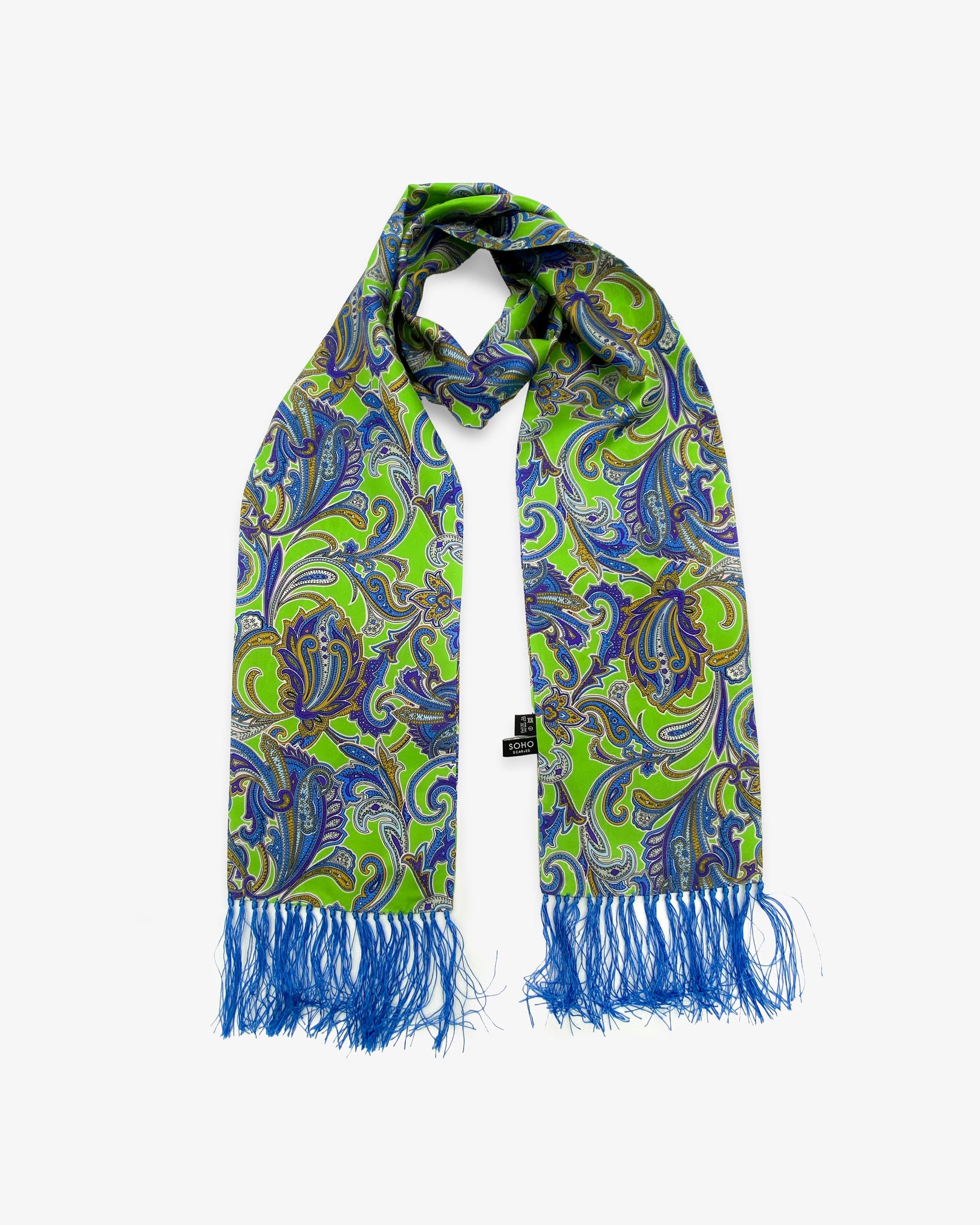 Looped 'Daytona' silk aviator scarf, clearly showing blue paisley swirls and floral symbols on a bright green ground. Framed neatly with a bright blue 3 inch fringe.