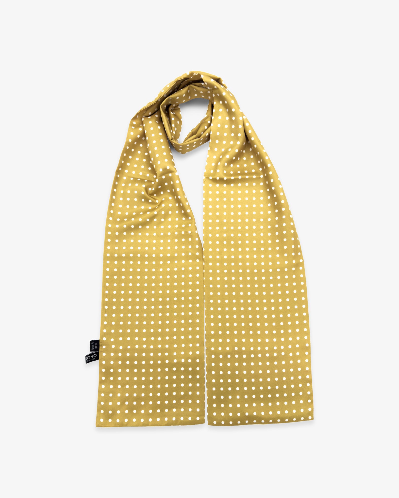 Looped view of the 'Denman' polyester scarf with both ends parallel, clearly showing the golden yellow fabric with white dots.