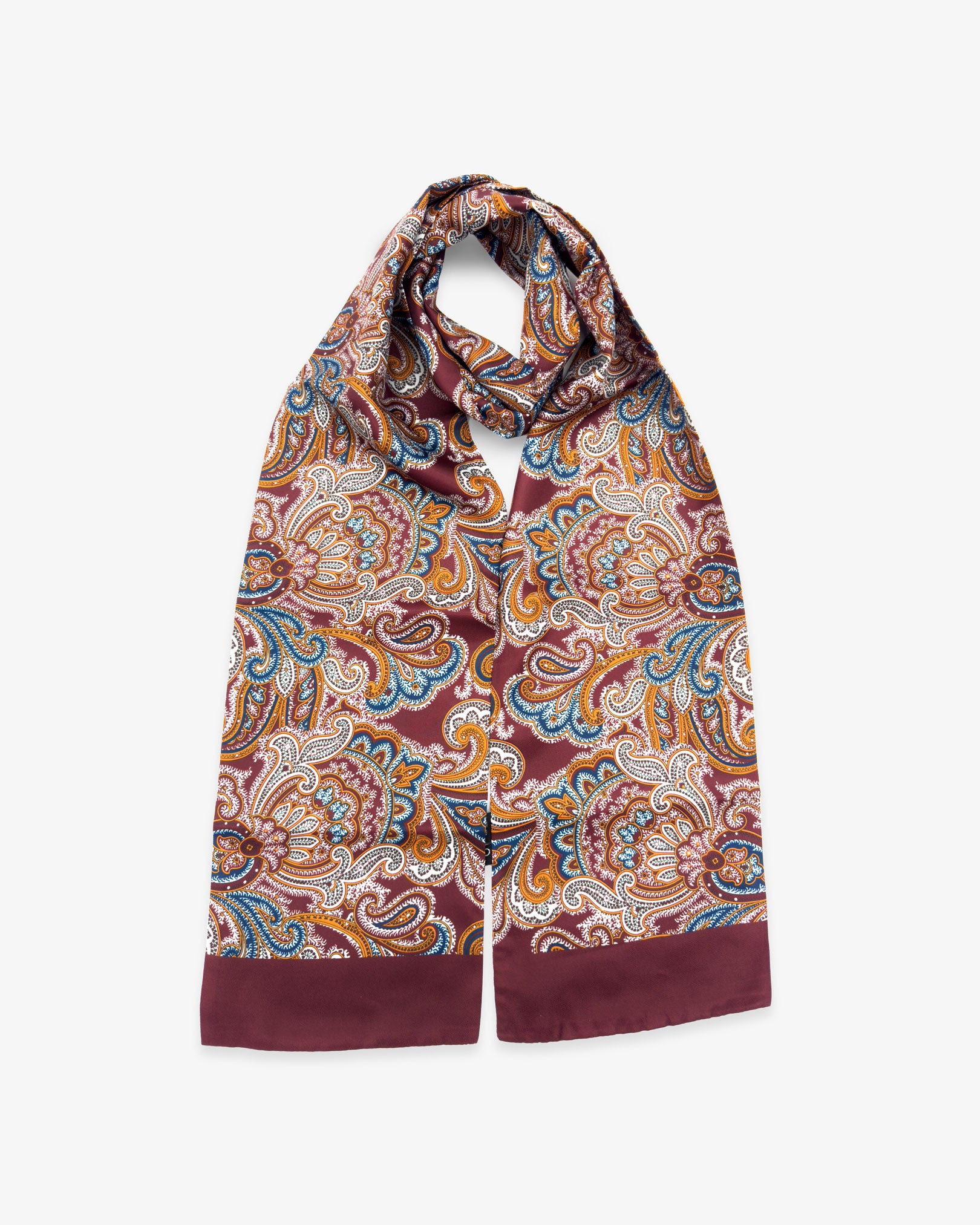 Looped view of the 'Fanelli' polyester scarf with both ends parallel, clearly showing the burgundy, dark blue and gold paisley design.