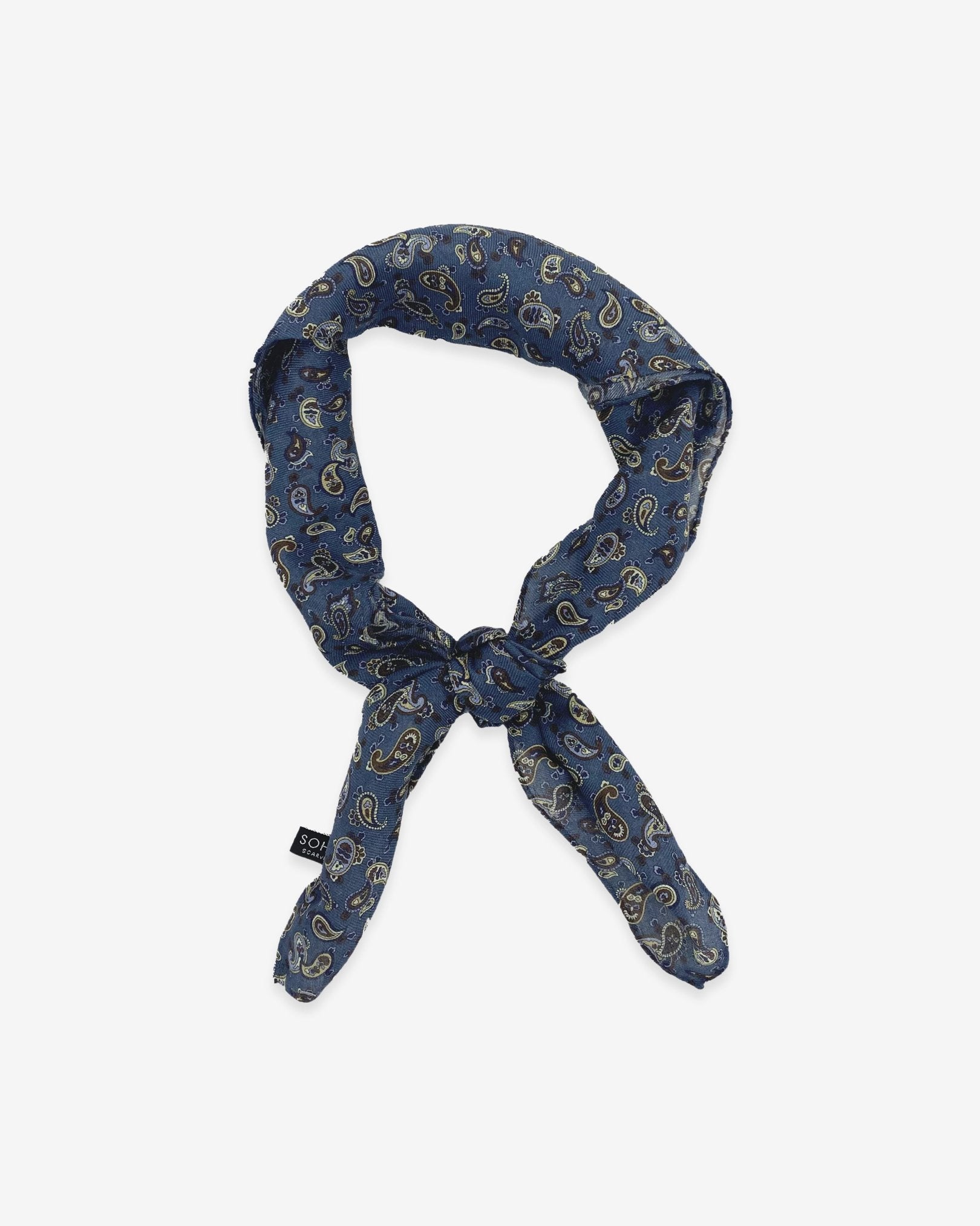 The Banff bandana knotted into a loop, showing the modal and wool fabric and intricate paisley patterns.