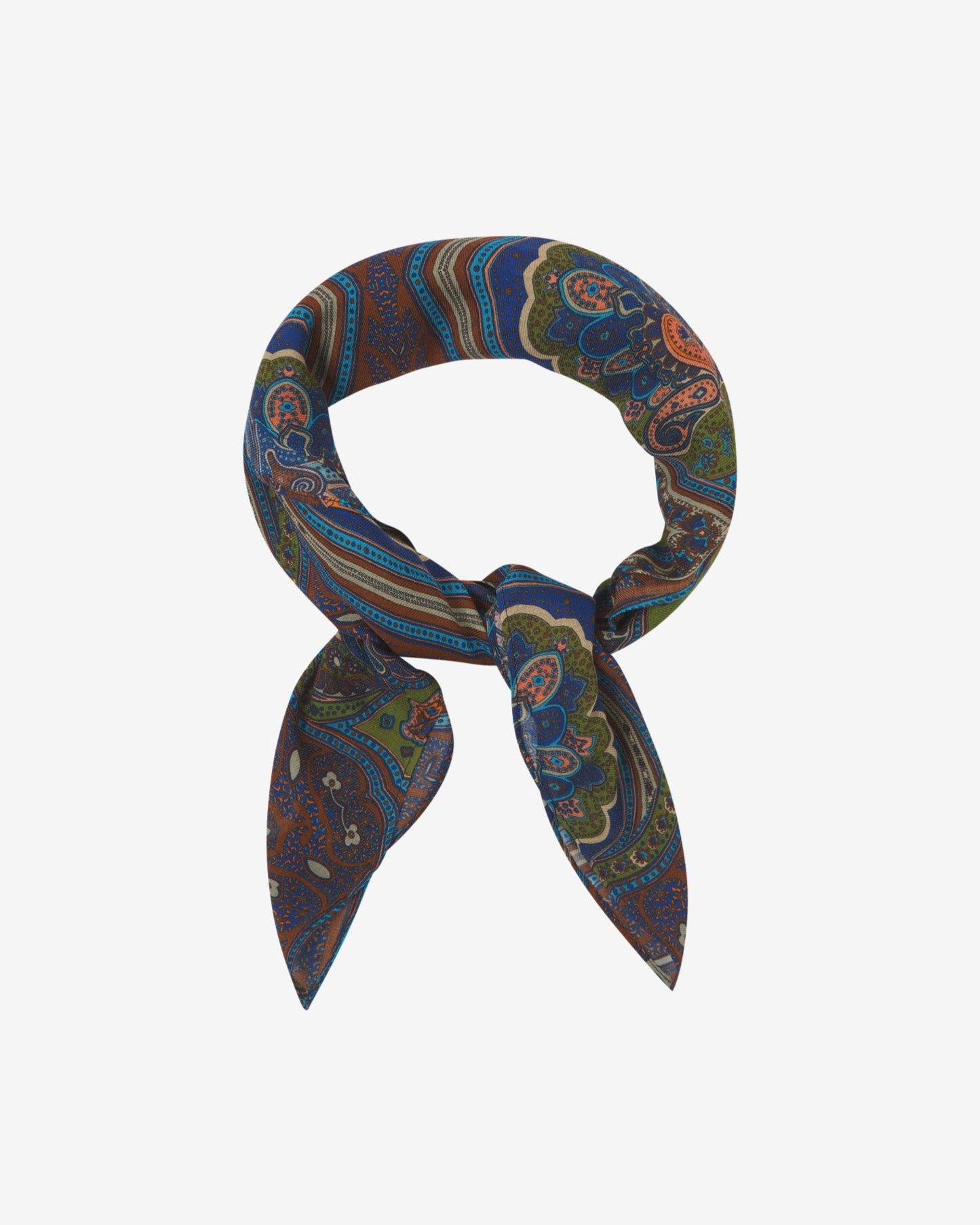 'The Montreal' multicoloured paisley patterned bandana in appealing earthy tones. Knotted into a loop on a white background.