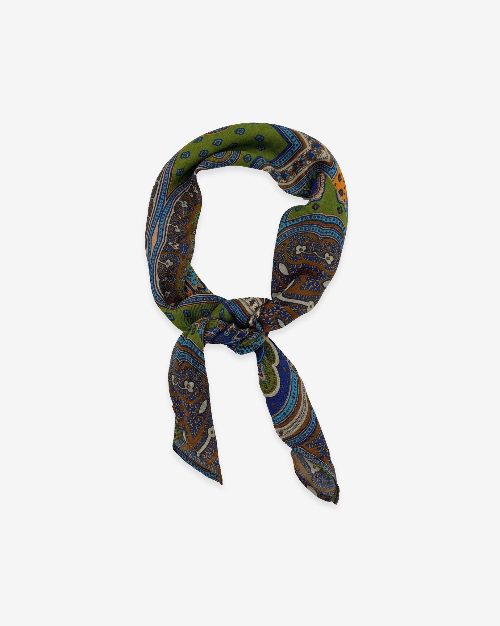 'The Montreal' multicoloured paisley patterned bandana in appealing earthy tones. Knotted into a loop on a white background.