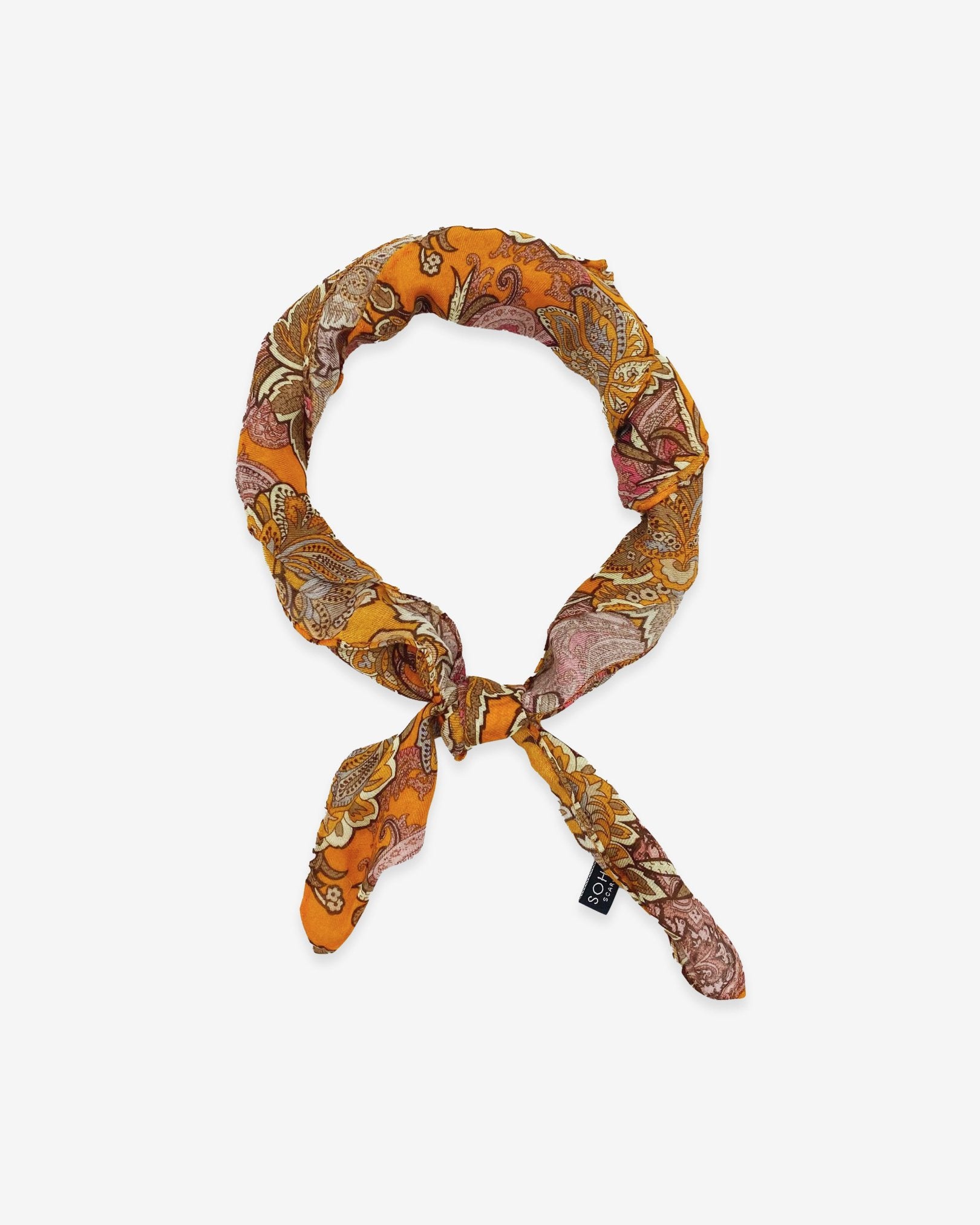 'The Niagra' orange and pink floral patterned bandana. Knotted into a loop on a white background.