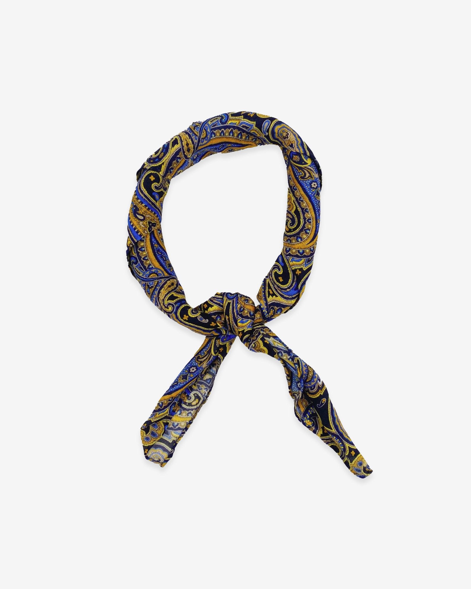 'The Ormond' blue, yellow and gold paisley patterned bandana. Knotted into a loop on a white background.