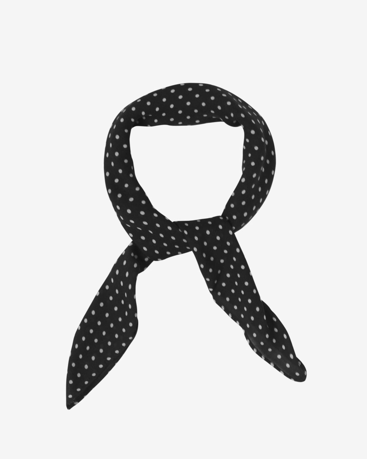The Shinagwa bandana knotted into a loop, showing the attractive white polka dot pattern against a black ground.