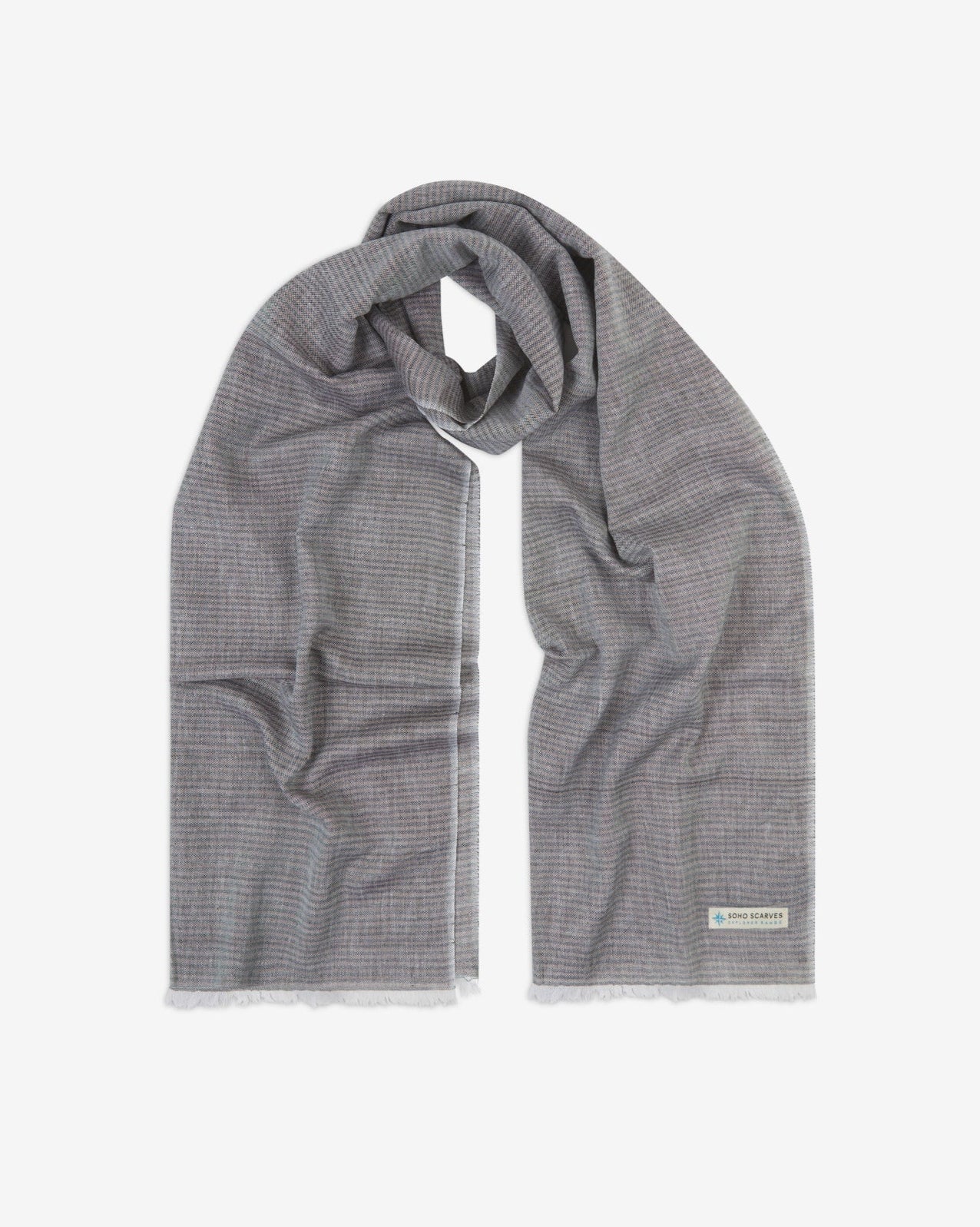 The 'Lawrence' cotton heathered scarf, looped in middle with both ends parallel. Displaying the stone-coloured heathered fabric and the SOHO Scarves Explorer Range branding logo in the bottom-right.