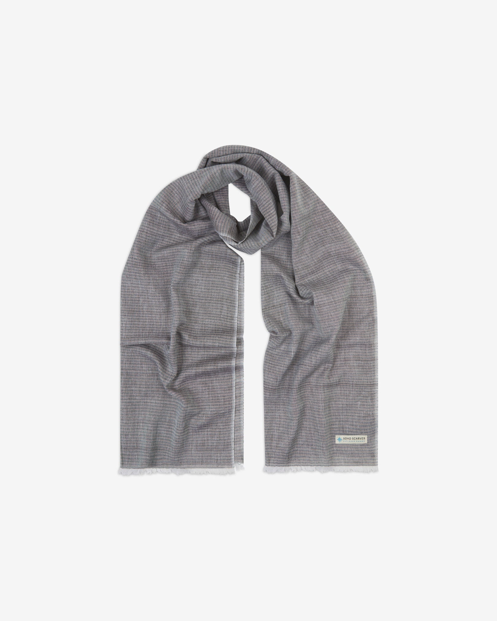 The 'Lawrence' cotton heathered scarf, looped in middle with both ends parallel. Displaying the stone-coloured heathered fabric and the SOHO Scarves Explorer Range branding logo in the bottom-right.