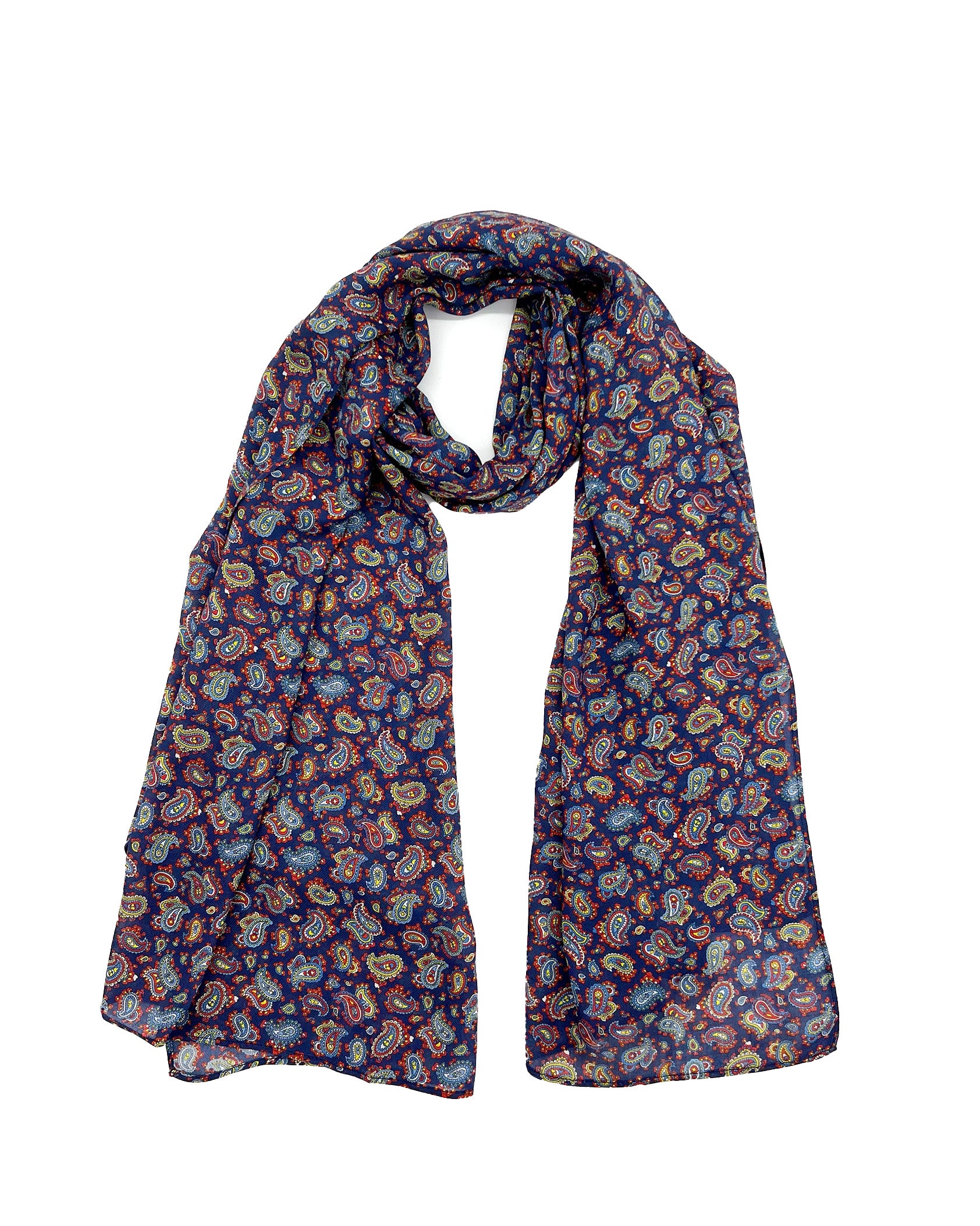 The Lexington wide scarf unravelled and looped in the middle, demonstrating the considerable length and showing the multicoloured paisley patterns against a blue ground.