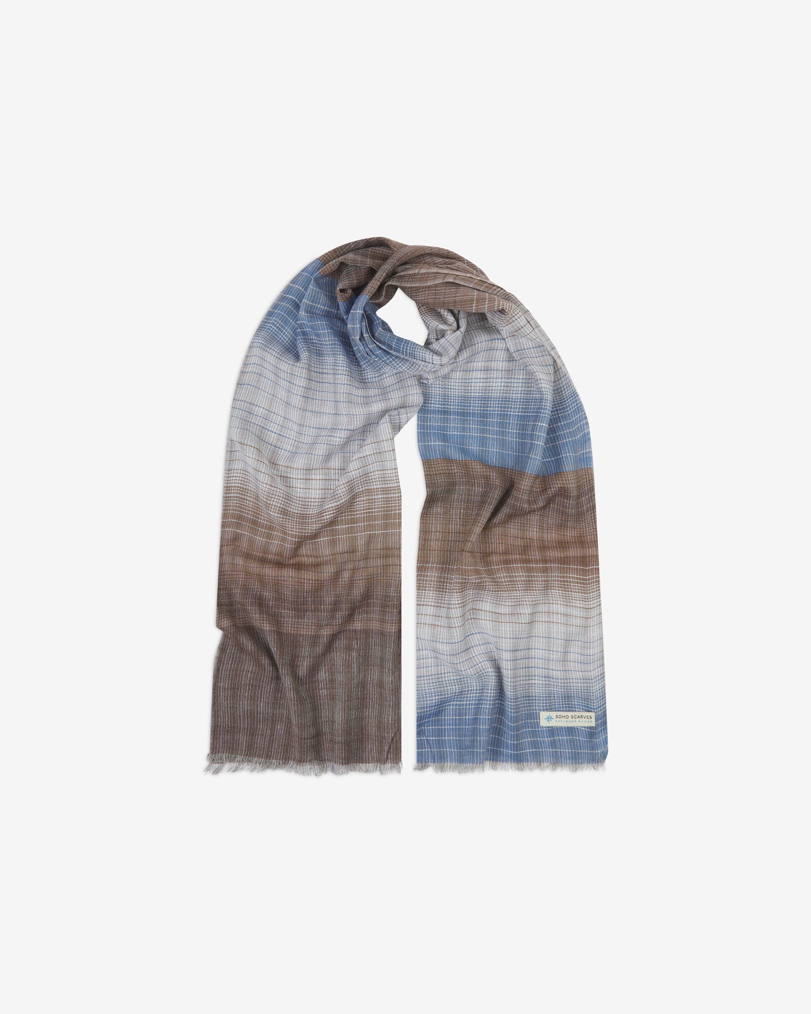 The 'Mallory' cotton scarf, looped in middle with both ends parallel. Displaying the blue, brown and white gradient patterns, pinstripes and the SOHO Scarves Explorer Range branding logo in the bottom-right.
