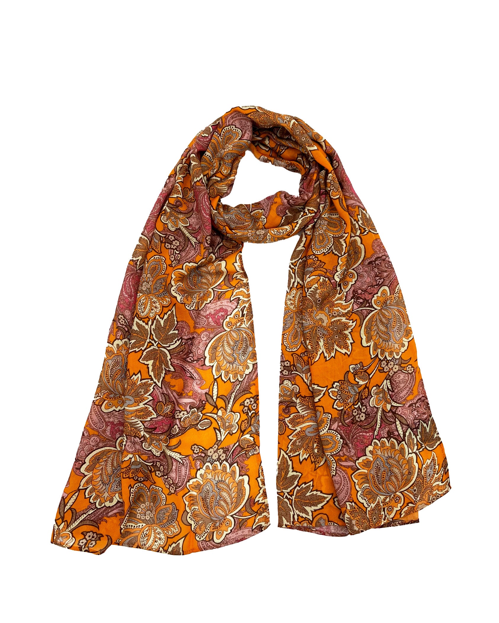 The Niagra wide scarf unravelled and looped in the middle, demonstrating the considerable length and showing large orange and pink floral patterns.