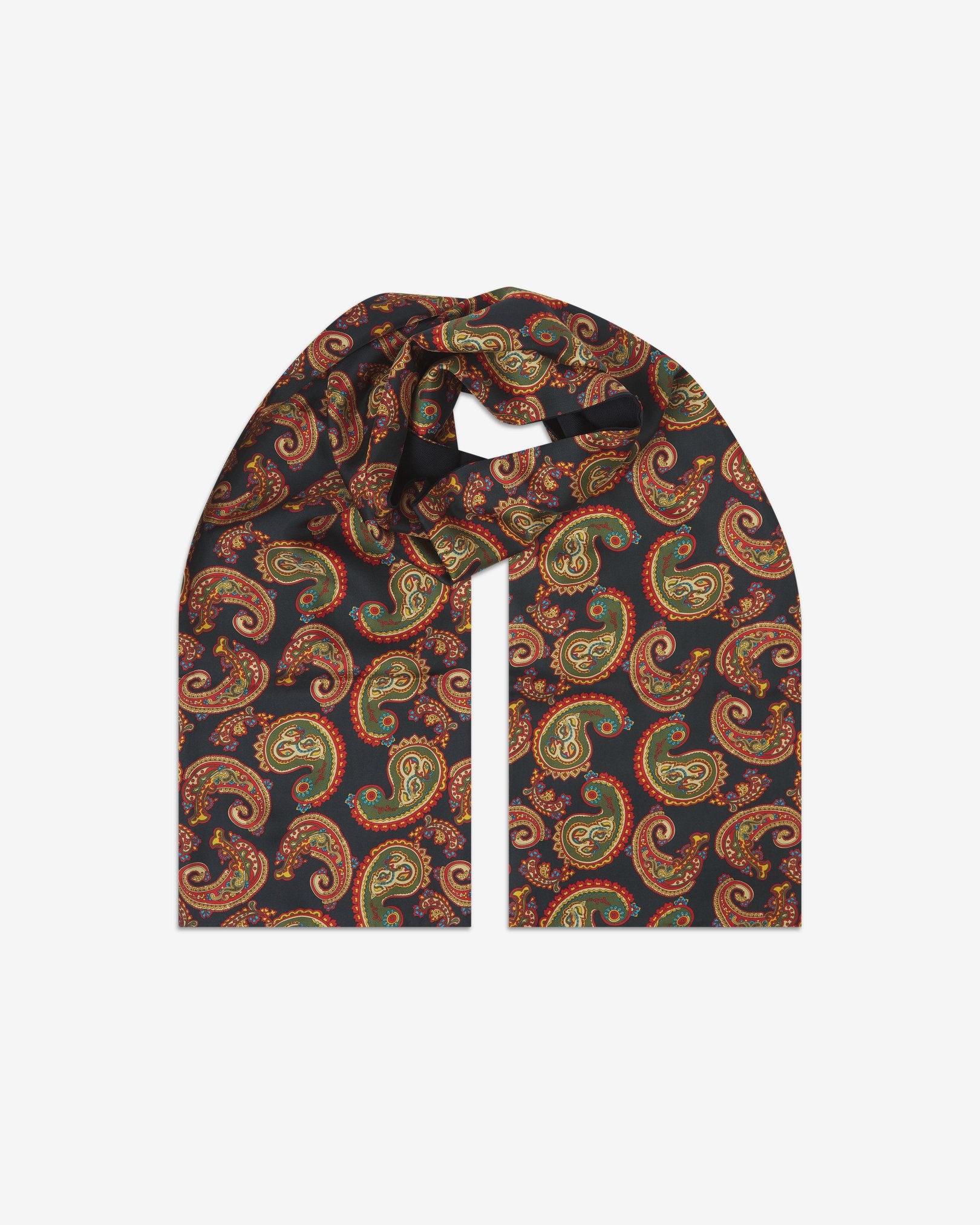 The Portland wool-backed silk scarf. Unravelled and looped in the middle, showing the length, width and paisley pattern on silk.