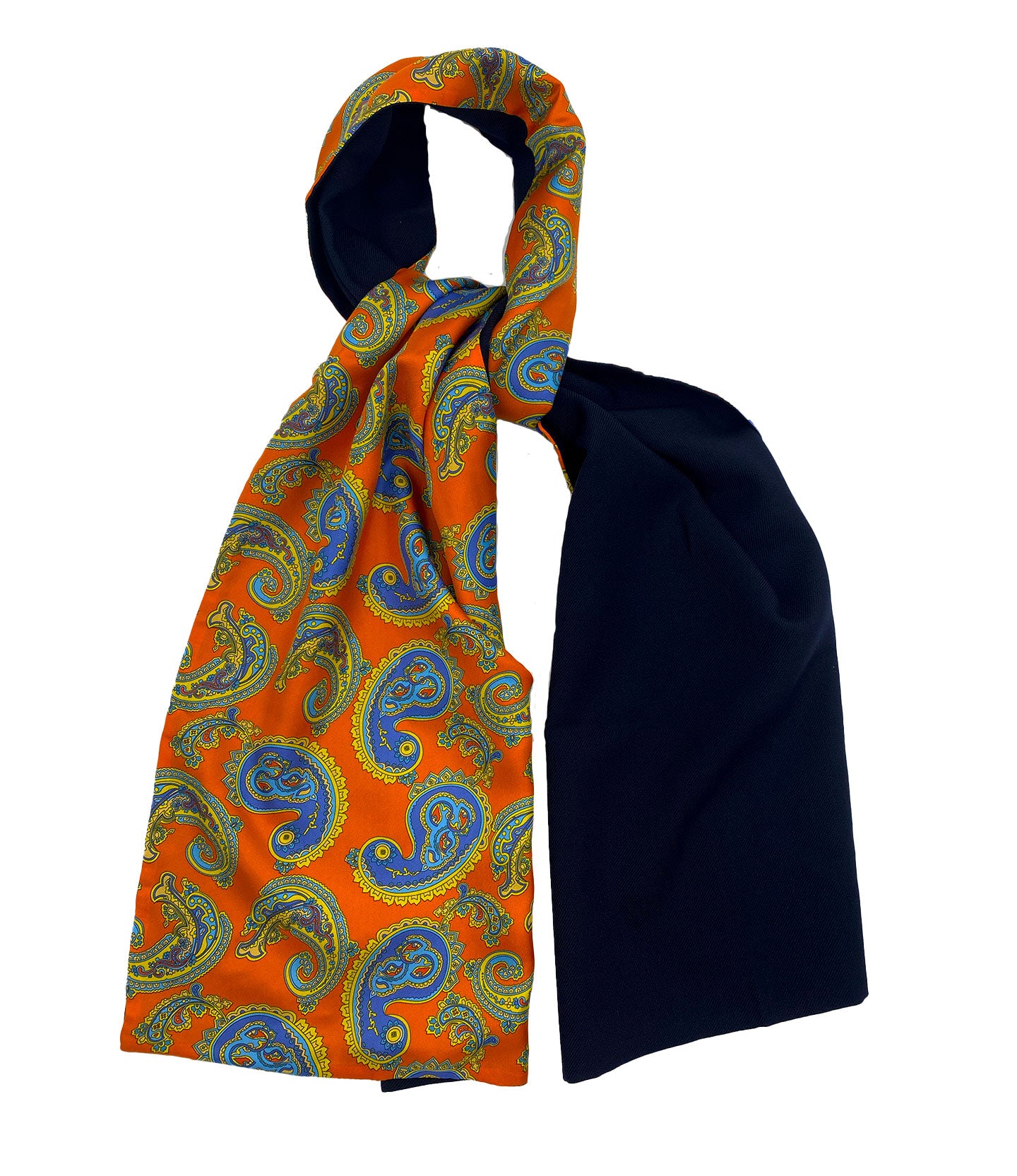 The 'Orange' wool-backed silk wide scarf unravelled and looped in the middle, demonstrating the length, width, pattern on silk and the fine woollen underside.