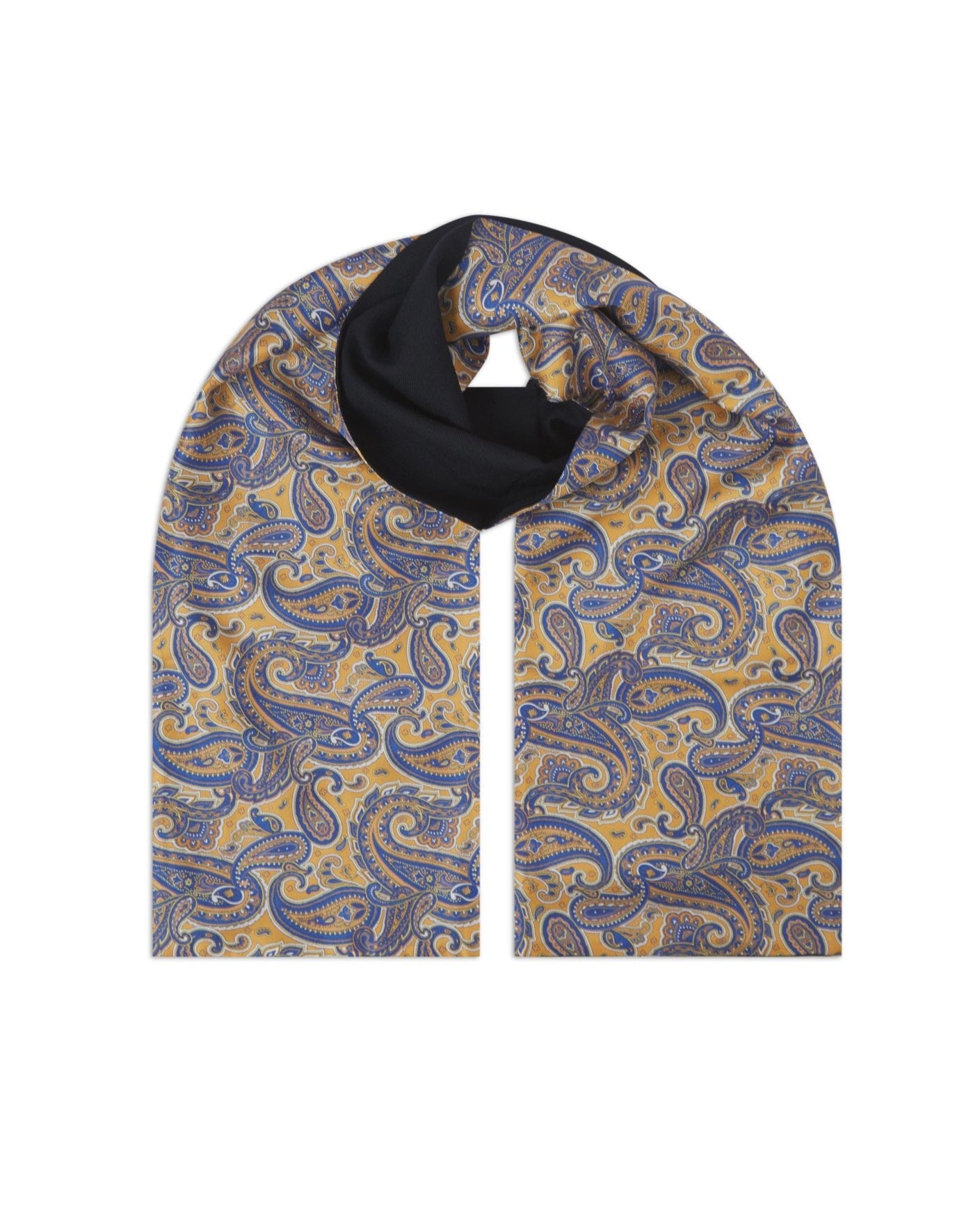 The Vandam wool-backed silk scarf. Unravelled and looped in the middle, showing the length, width, pattern on silk and the fine woollen underside.