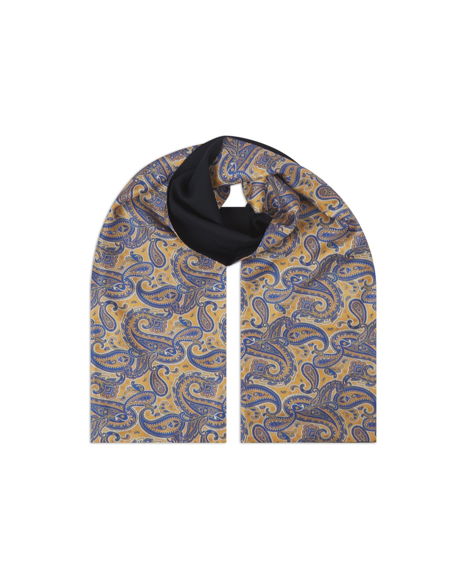 The Vandam wool-backed silk scarf. Unravelled and looped in the middle, showing the length, width, pattern on silk and the fine woollen underside.