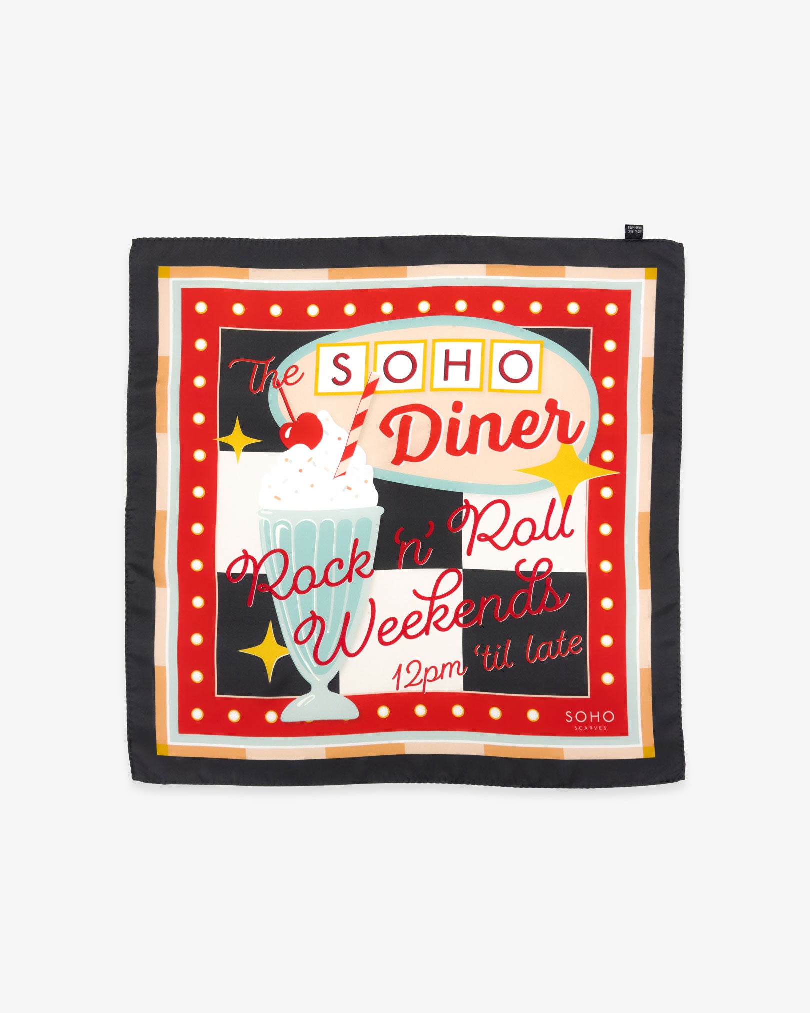 Fully unfolded 'Milkshake' on charcoal silk pocket square, showing the full retro 'SOHO Diner' signage design using a classic 1950's pastel colour palette.