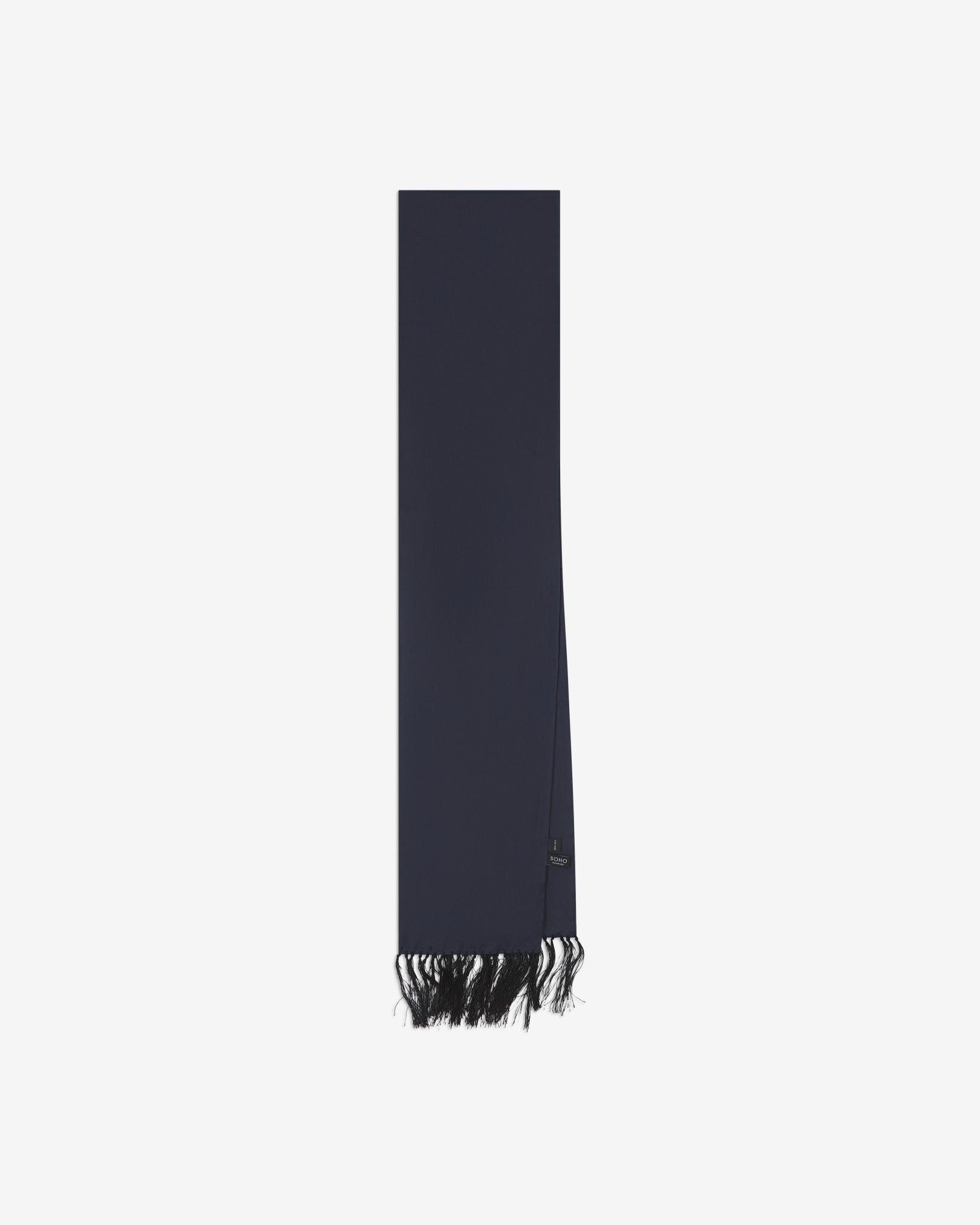 The navy-blue silk aviator scarf folded and presented vertically illustrating the full scarf dimensions and matching navy-blue fringes.