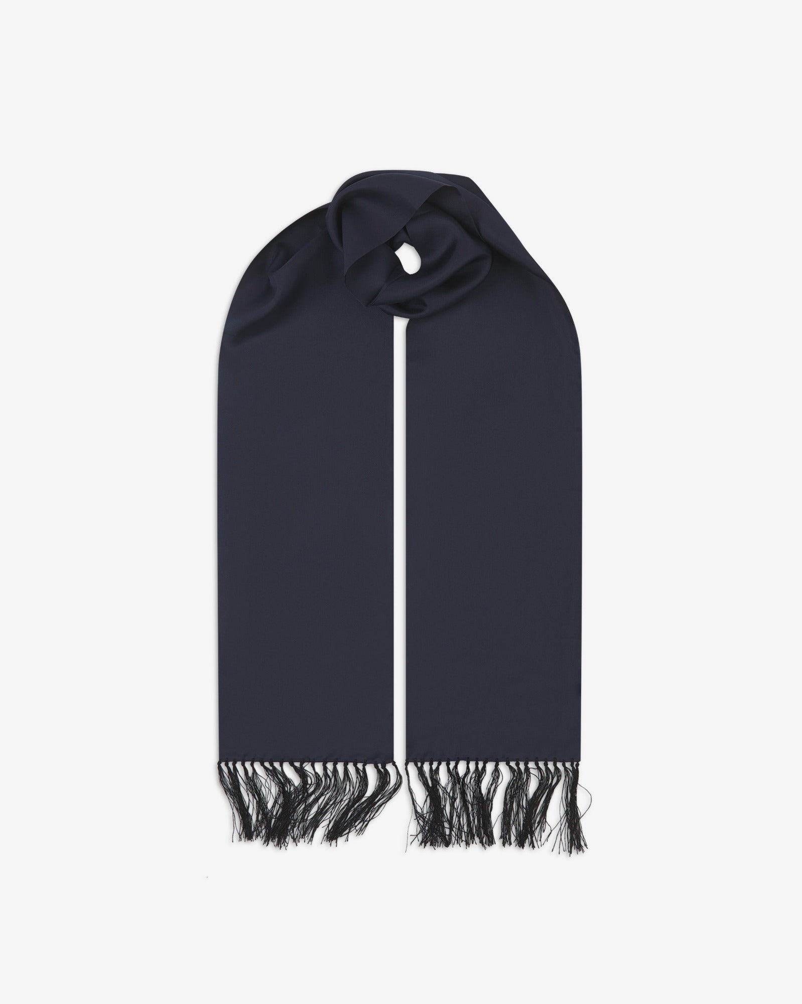 Navy-blue silk aviator scarf from Soho Scarves. Looped with both ends parallel showing the branding label to the right and the matching 8cm long fringes.