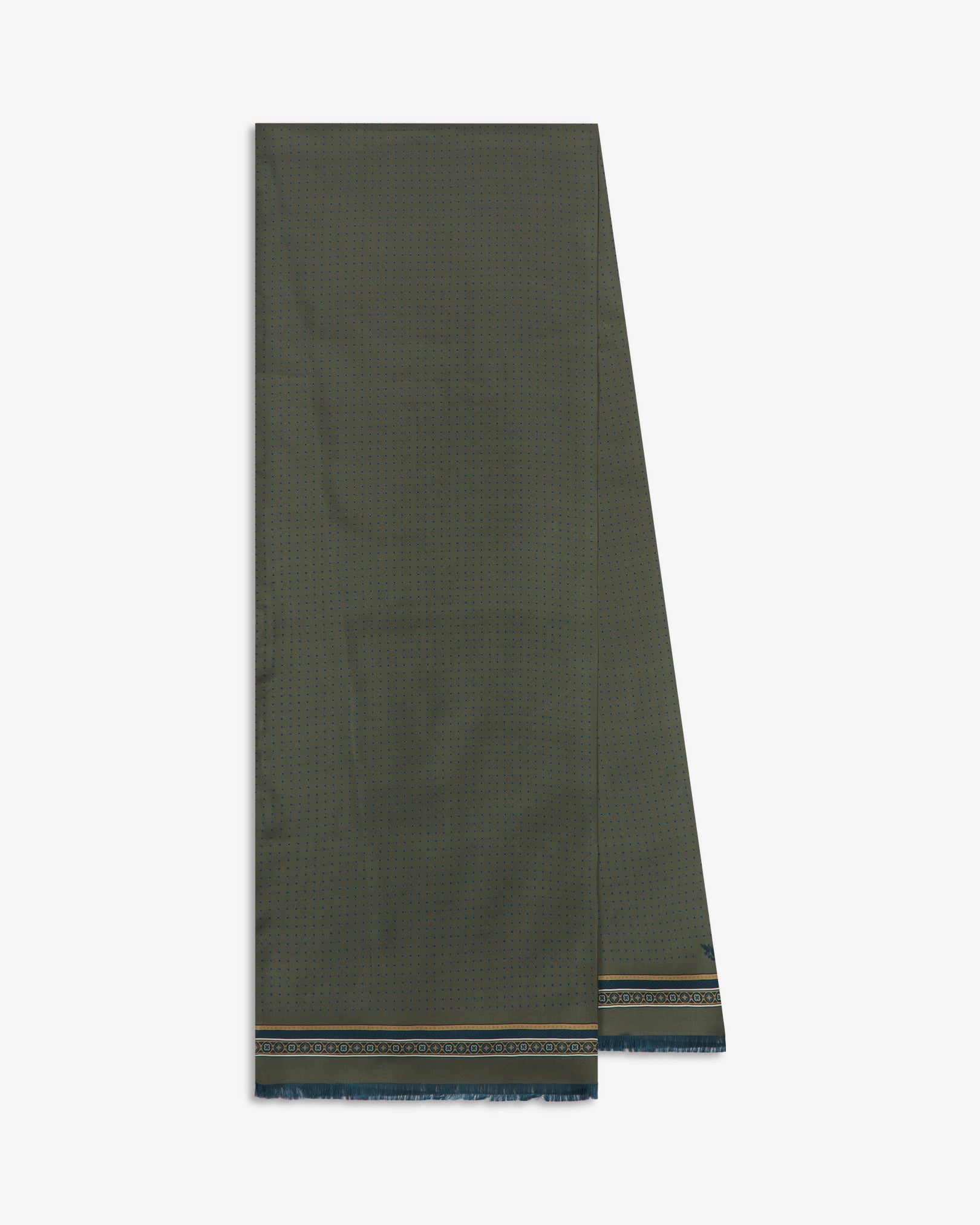 The 'Chiswick' silk scarf folded and presented vertically to showcase its warm military olive ground with a subtle micro-dot pattern, finished with an elegant ornamental border and crafted in the UK from luxurious 16 momme silk twill.