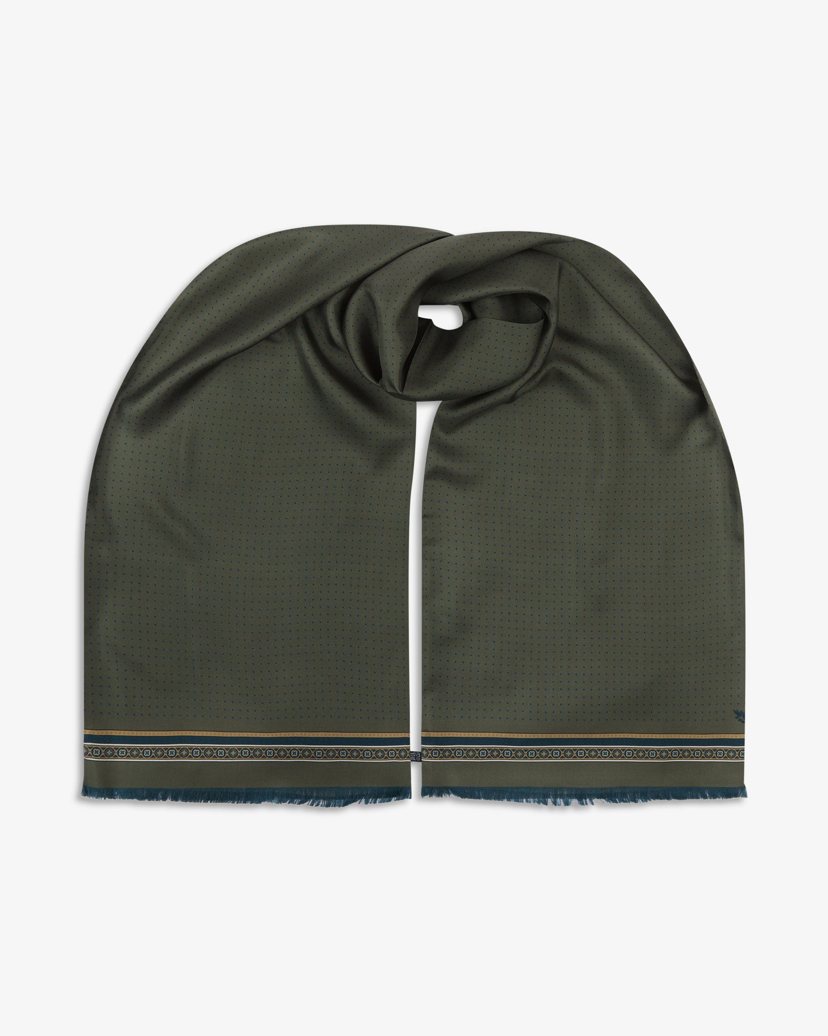 The 'Chiswick' silk scarf looped with both ends parallel, showcasing a warm military olive ground with a subtle micro-dot pattern, finished with an elegant ornamental border and woven in the UK from luxurious 16 momme silk twill.