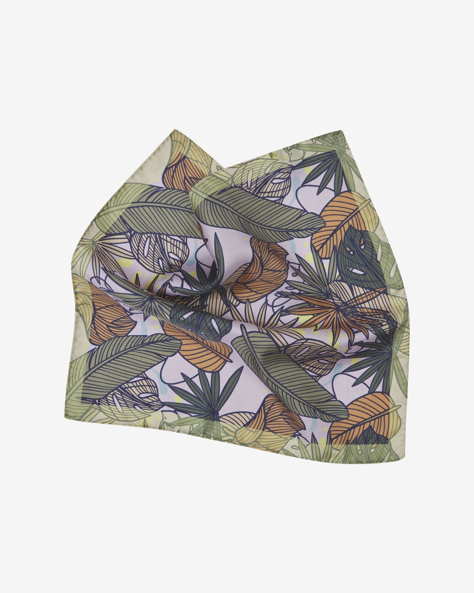 The 'Avon' silk pocket square pinched and twisted in the middle, showing the leaf montage pattern and lime border.