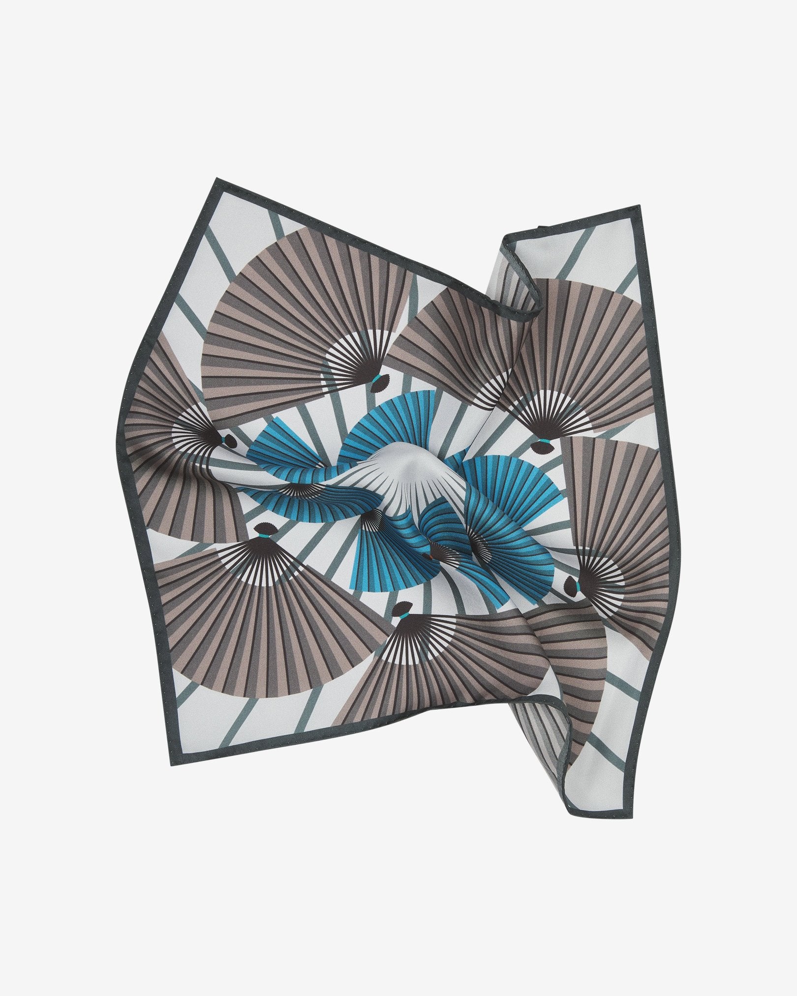 The 'Fan' silk pocket square pinched and twisted in the middle, showing the fan motif in grey and blue on an off-white background.