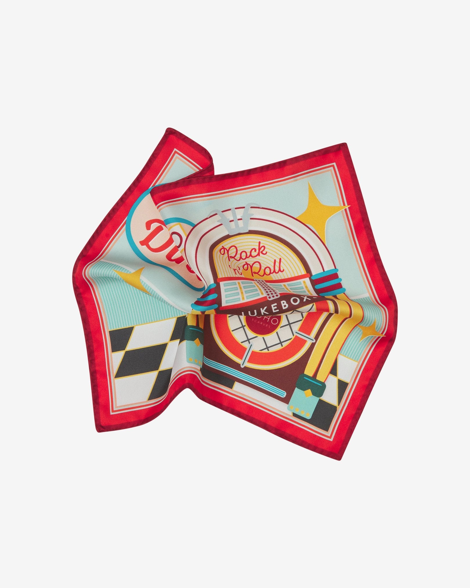 The 'Jukebox 2' silk pocket square pinched and twisted in the middle, showing a portion of the iconic 1950's jukebox illustration and red border.