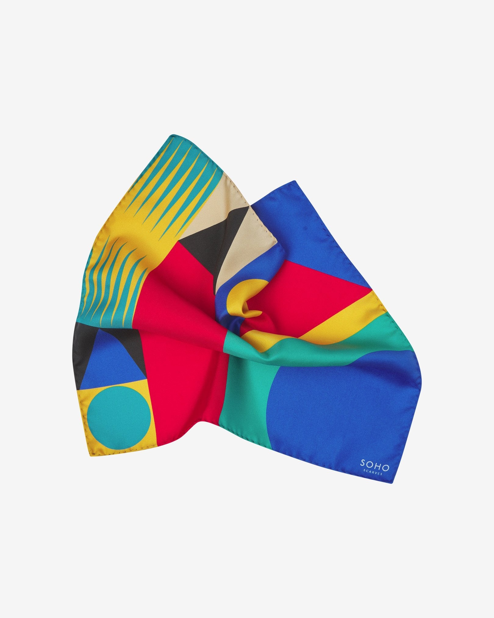 The 'Munich' pocket square pinched and twisted in the middle, showing the multi-coloured pattern combining many familiar Bauhaus-inspired forms.