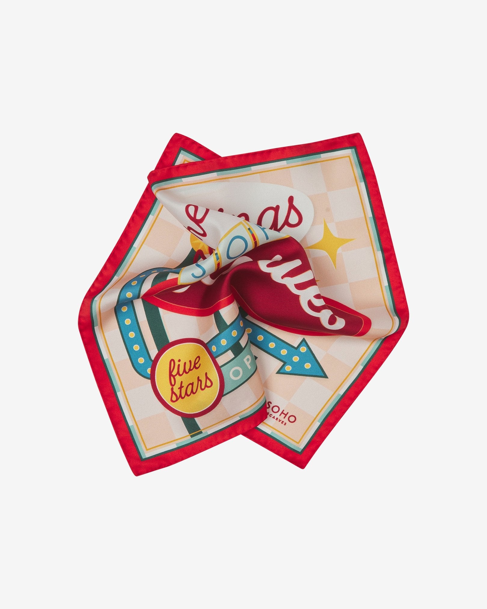 The 'Soho Sign' red silk pocket square pinched and twisted in the middle, showing a portion of the 1950's signage aesthetic and red border.