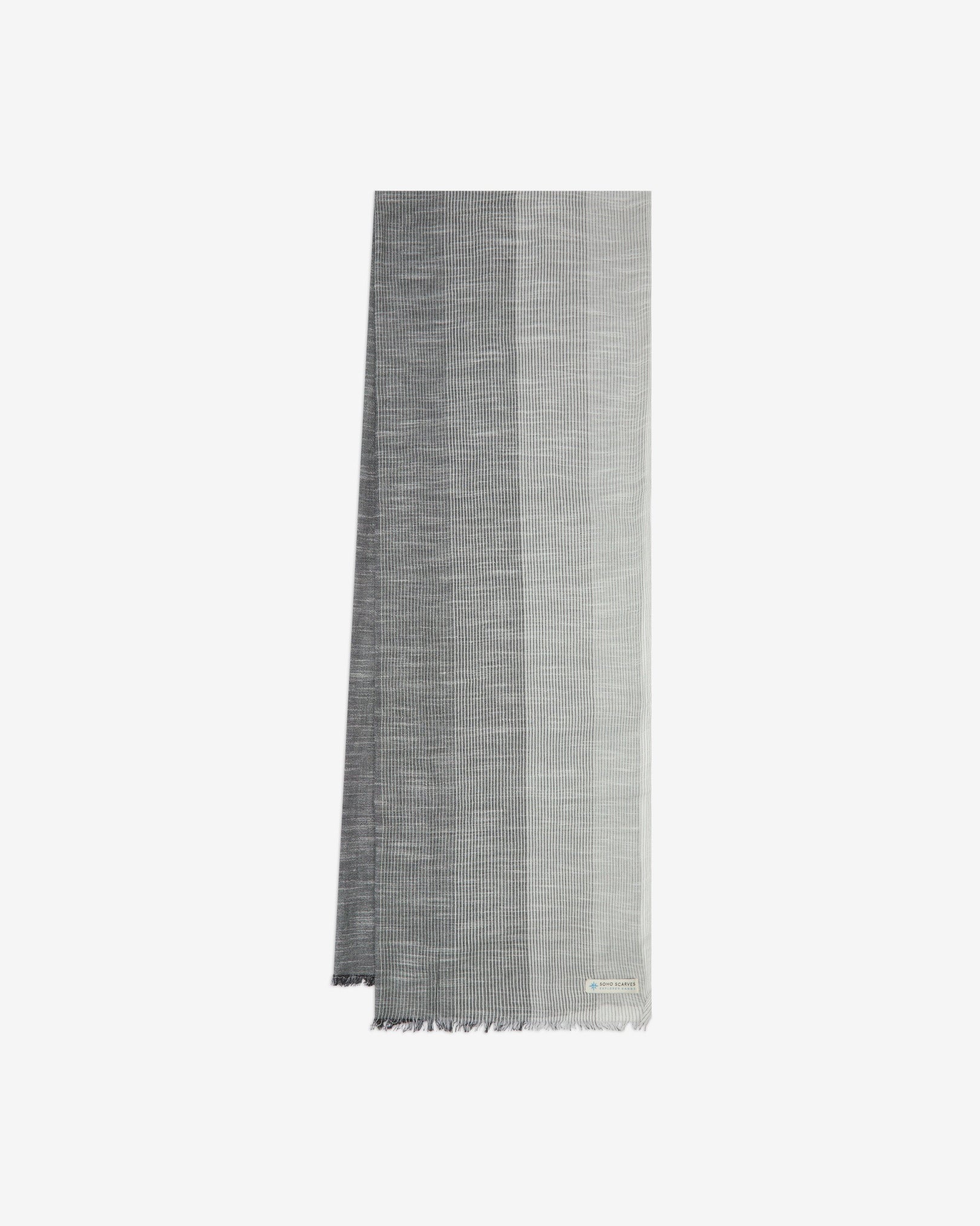 The 'Bonington' scarf arranged in a rectangle shape, clearly showing the scarf dimensions, the almost striped, gradient transition and SOHO Scarves branding logo.