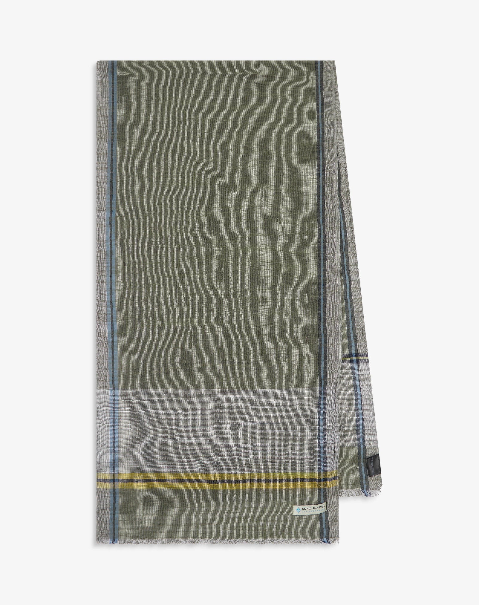 The 'Cousteau' scarf arranged in a rectangle shape, clearly showing the scarf dimensions, check proportions and SOHO Scarves branding logo.