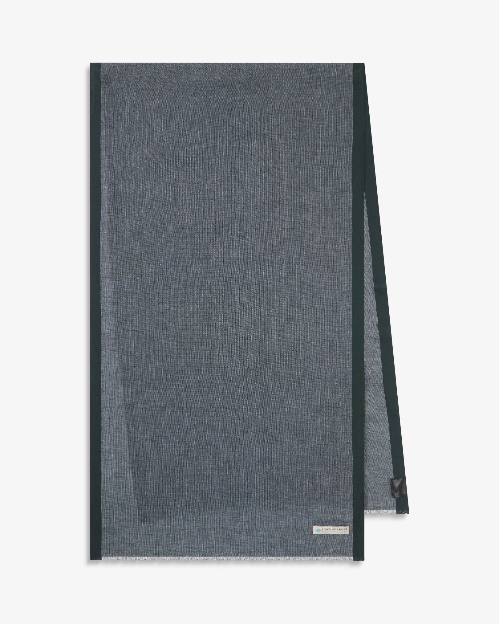 The 'Earhart' scarf arranged in a rectangle shape, clearly showing the scarf dimensions, check proportions and SOHO Scarves branding logo.