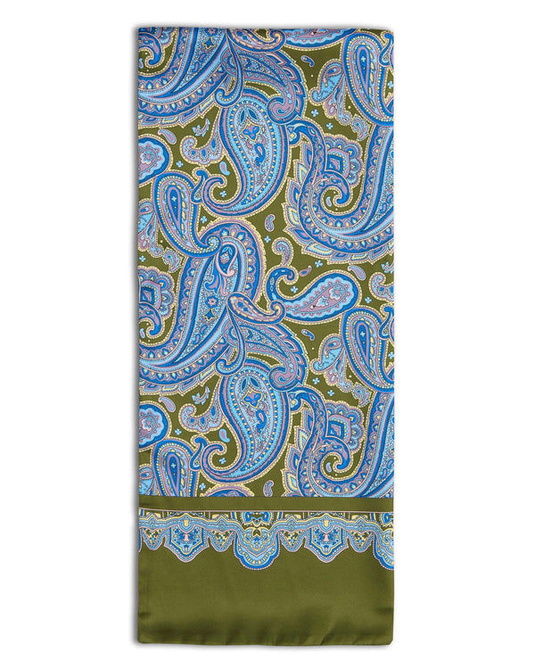 'The Abraham' silk-wool dress scarf arranged in a rectangle shape, clearly showing the ornate border patterns and solid olive green border.