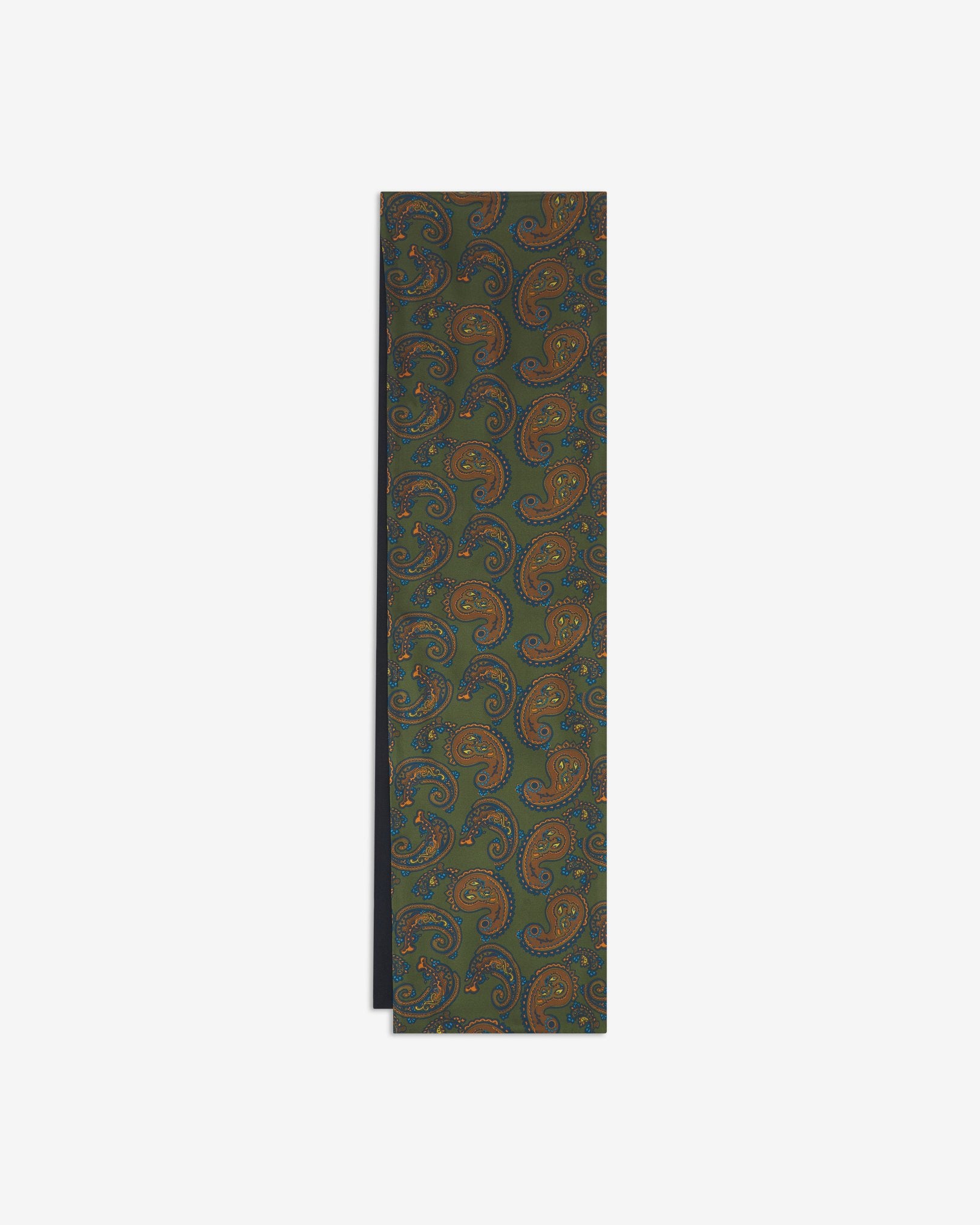 The Carlisle dress scarf arranged in a rectangular shape displaying the green silk fabric with multi-coloured paisley patterns and the dark woollen underside.