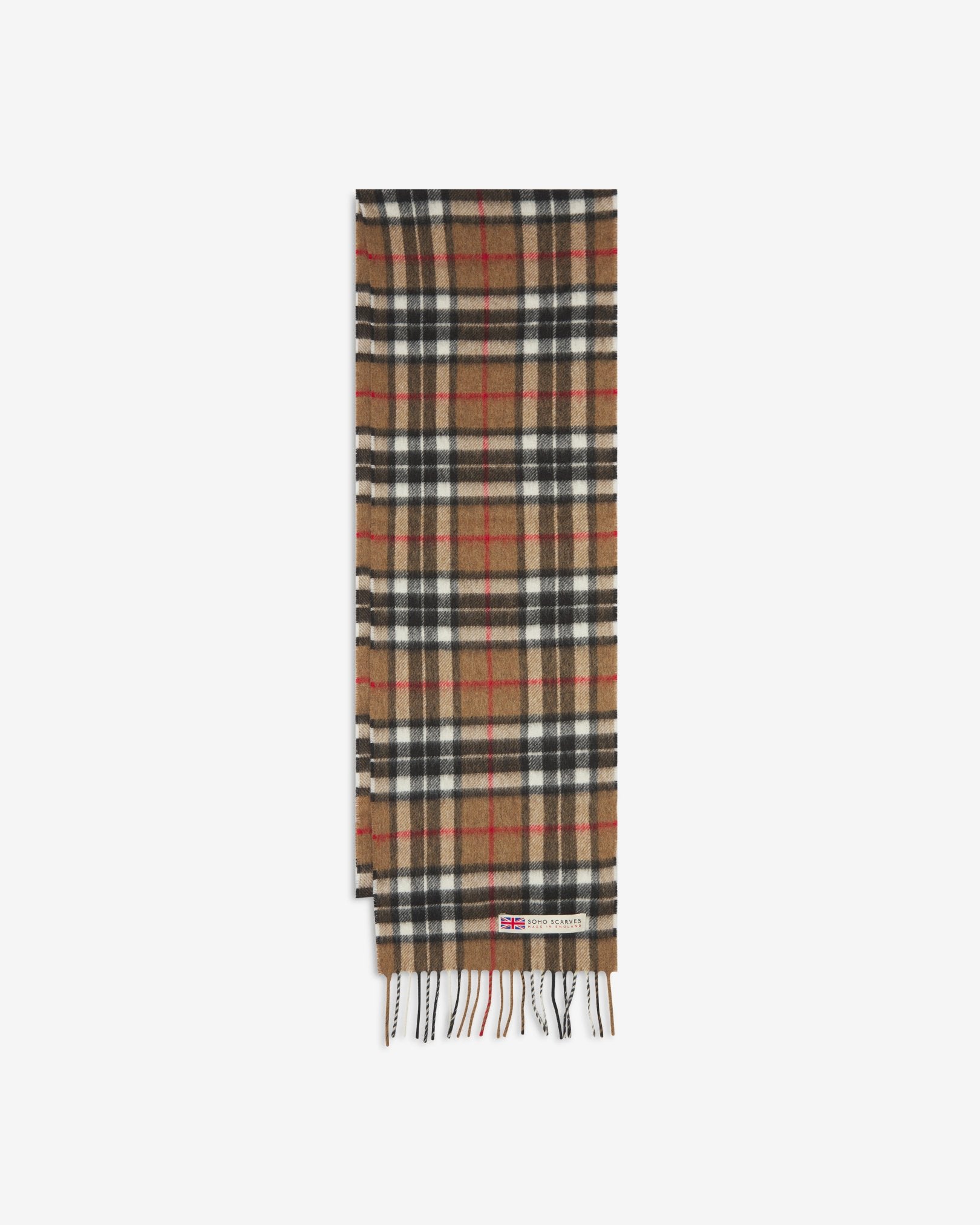 The 'Highlands' tartan in camel scarf arranged in a rectangle shape, clearly showing the scarf dimensions, tartan proportions, fringing and SOHO Scarves branding logo.