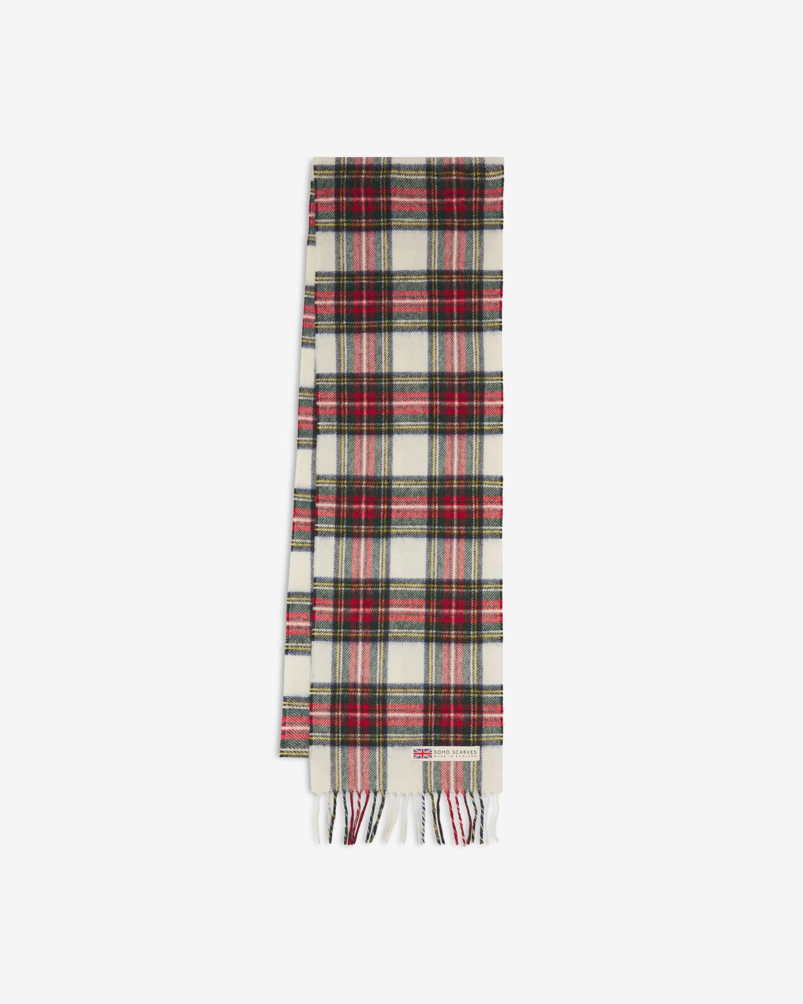 The 'Highlands' tartan dress in red scarf arranged in a rectangle shape, clearly showing the scarf dimensions, tartan proportions, fringing and SOHO Scarves branding logo.