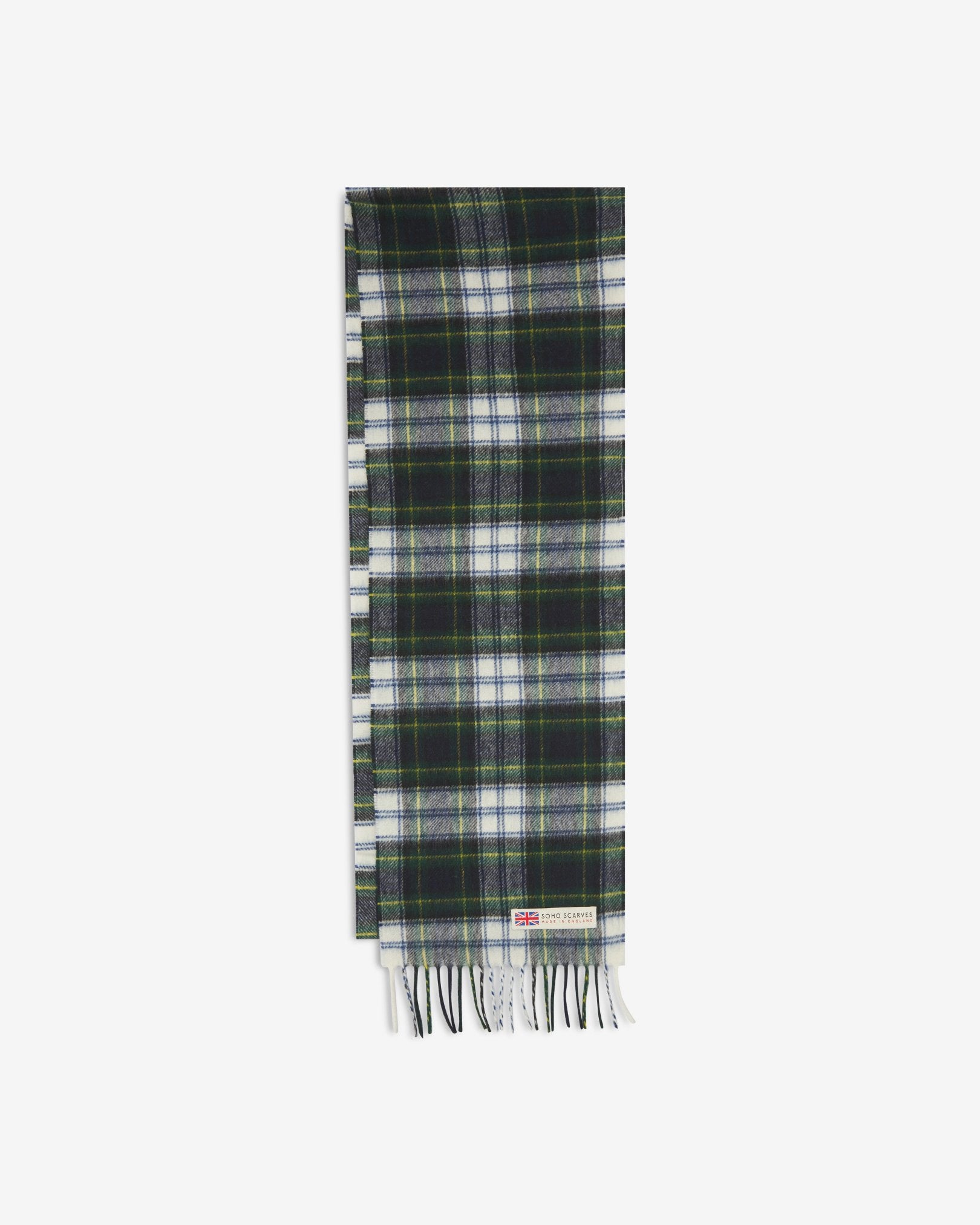 The 'Highlands' tartan in green scarf arranged in a rectangle shape, clearly showing the scarf dimensions, tartan proportions, fringing and SOHO Scarves branding logo.