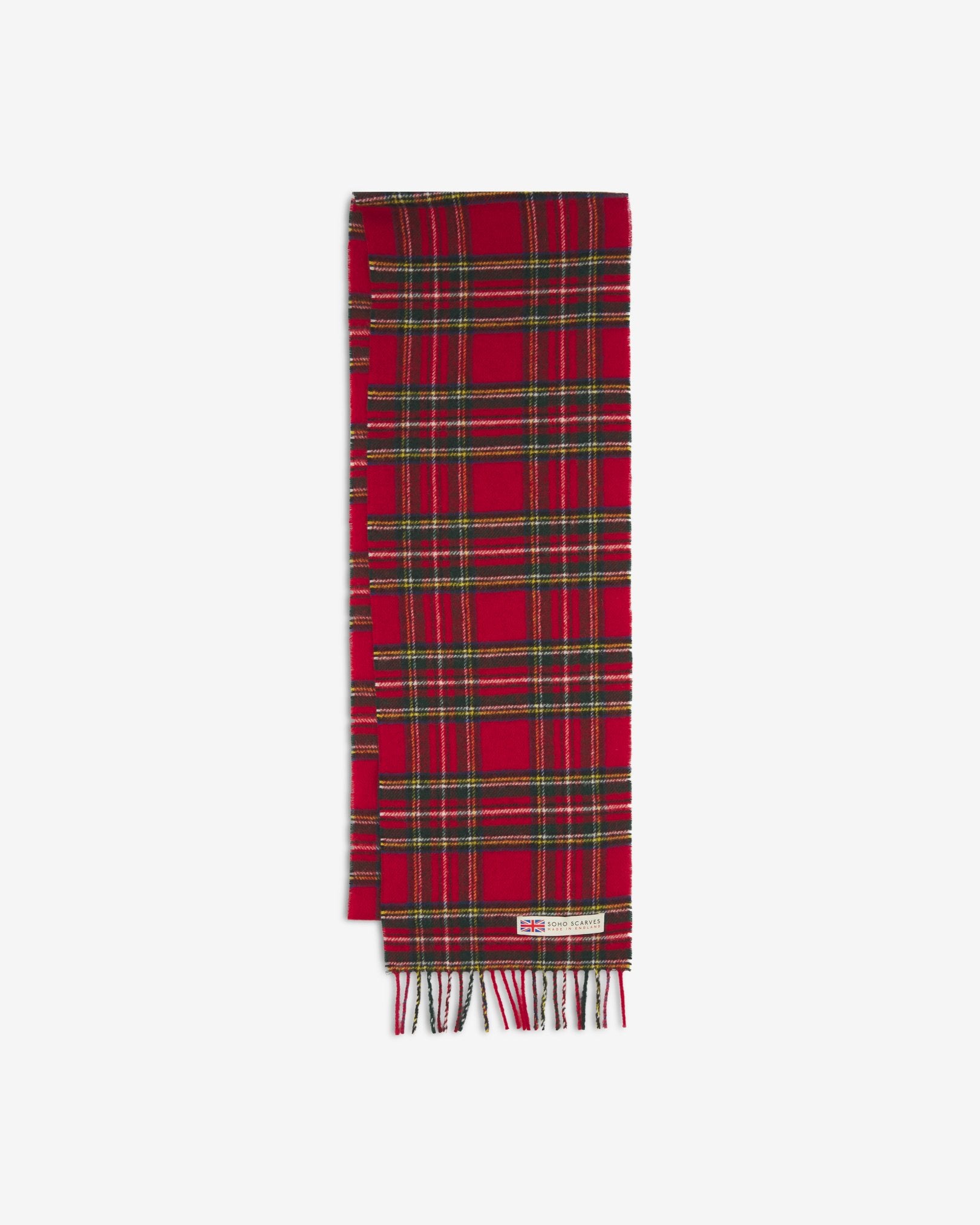 The 'Highlands' tartan in red scarf arranged in a rectangle shape, clearly showing the scarf dimensions, tartan proportions, fringing and SOHO Scarves branding logo.